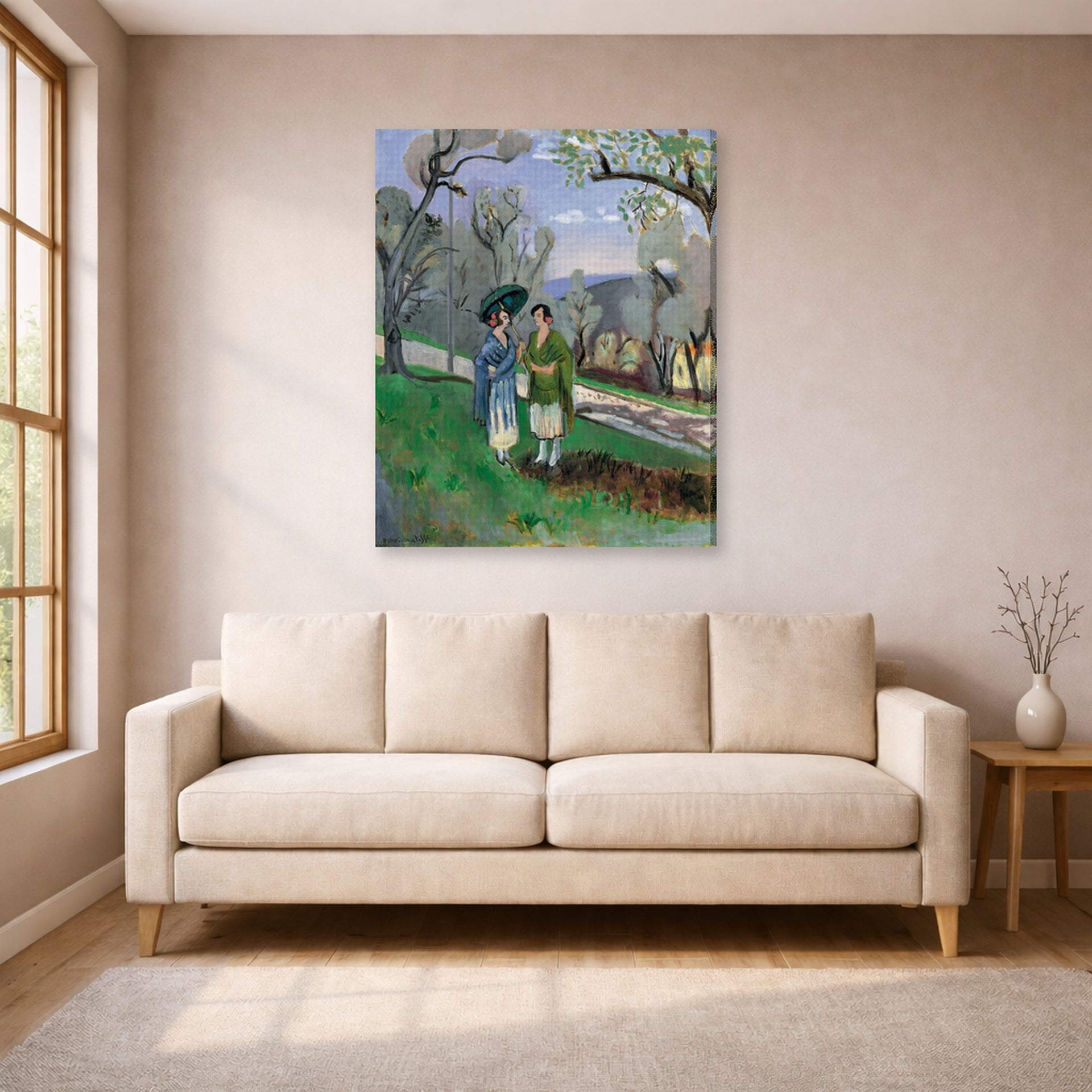 Gallery-wrapped canvas print of Henri Matisse's Conversation Under the Olive Trees hanging in a living room, view 1