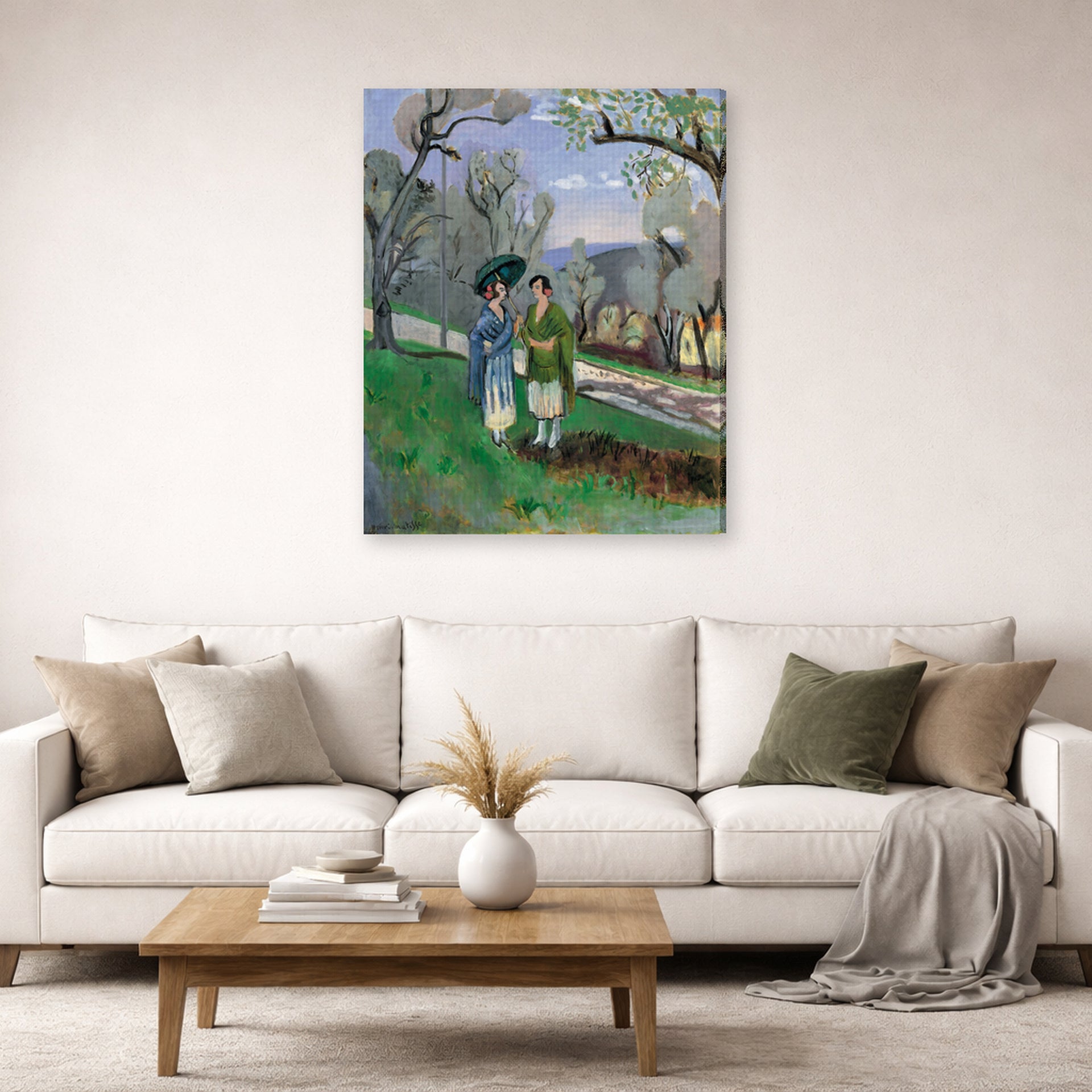 Gallery-wrapped canvas print of Henri Matisse's Conversation Under the Olive Trees hanging in a living room, view 2