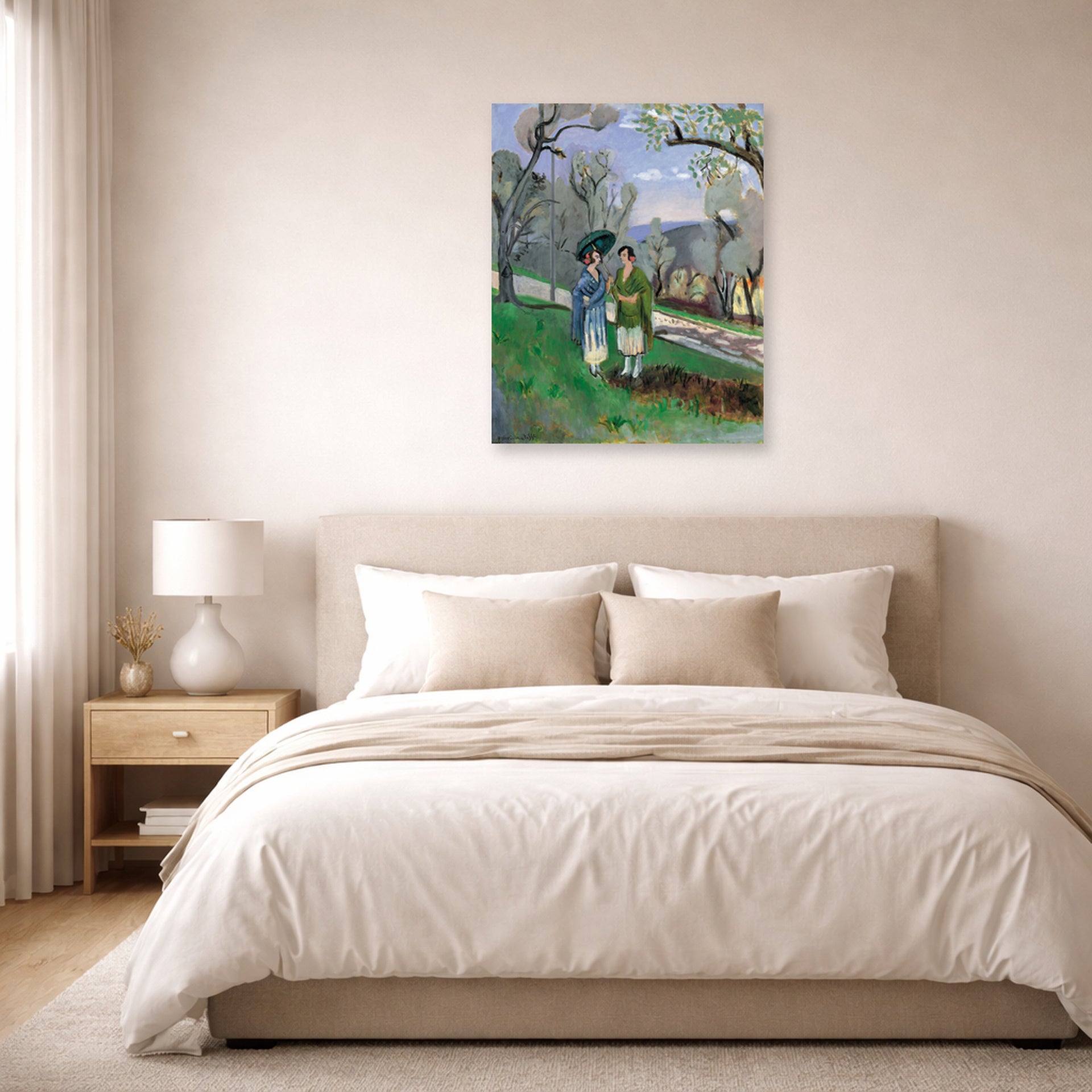 Unframed poster print of Henri Matisse's Conversation Under the Olive Trees displayed above a bed in a bedroom