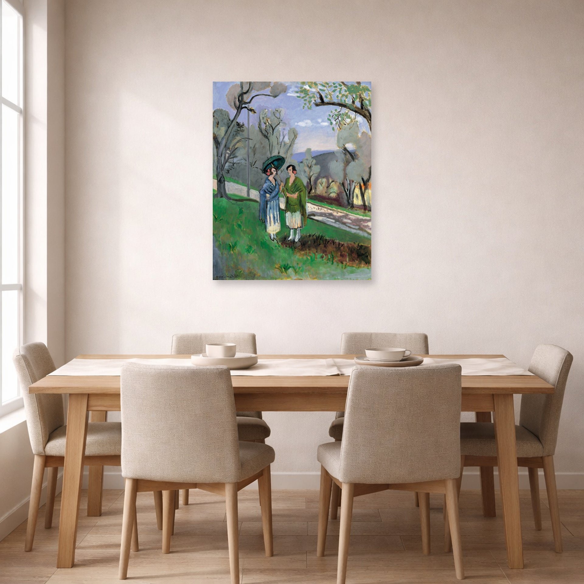 Unframed poster print of Henri Matisse's Conversation Under the Olive Trees displayed on a dining room wall