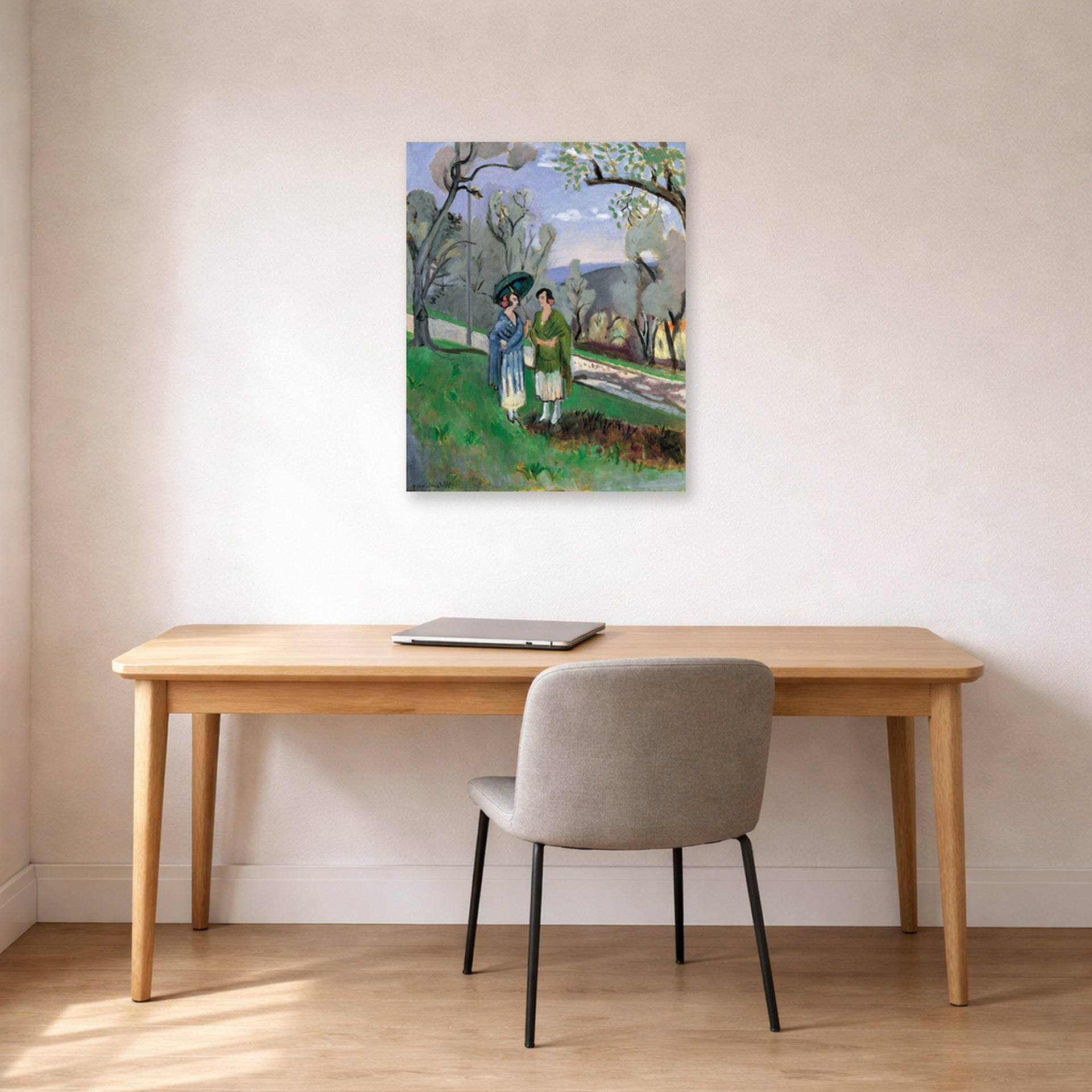 Unframed poster print of Henri Matisse's Conversation Under the Olive Trees displayed in a home office