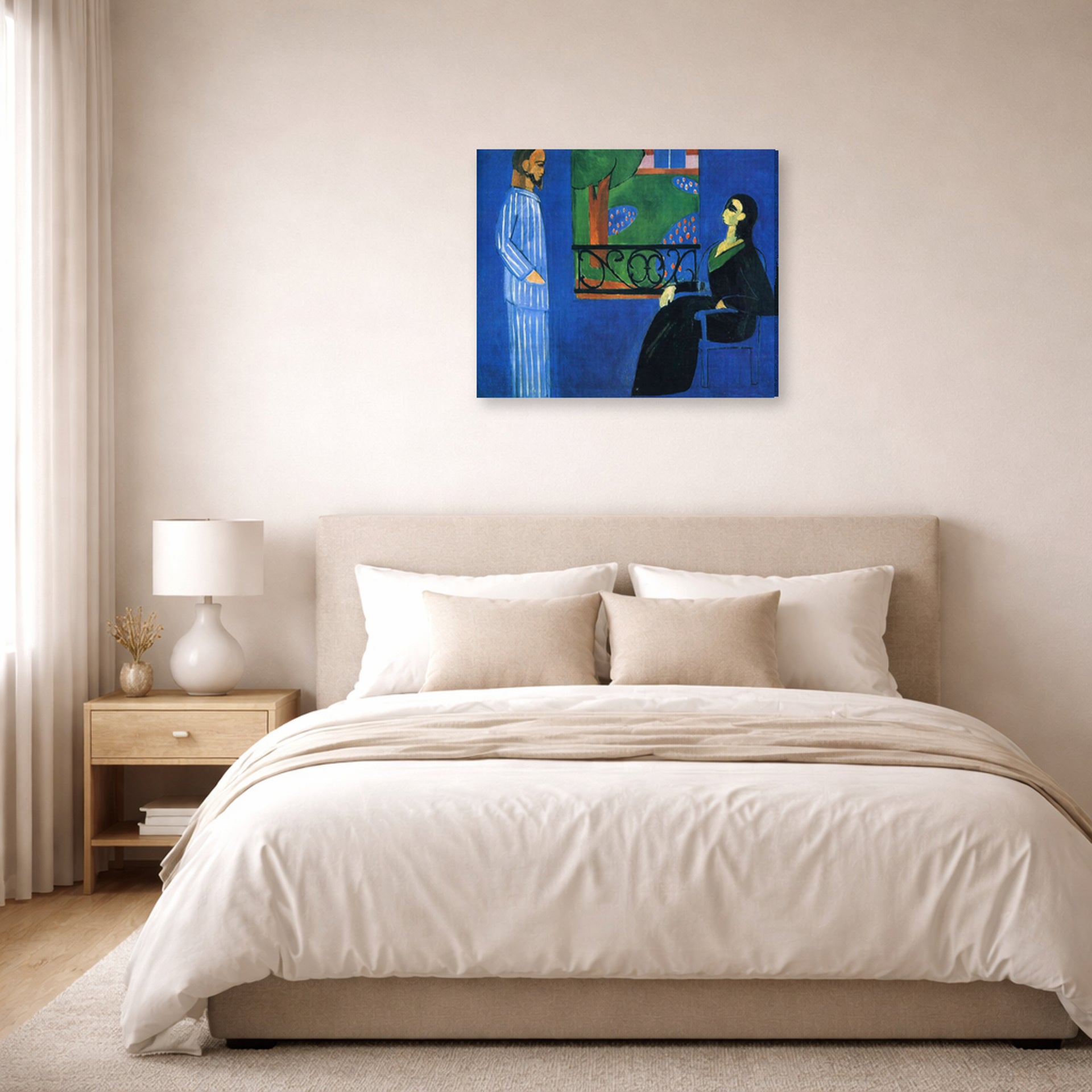 Gallery-wrapped canvas print of Henri Matisse's Conversation hanging above a bed in a bedroom