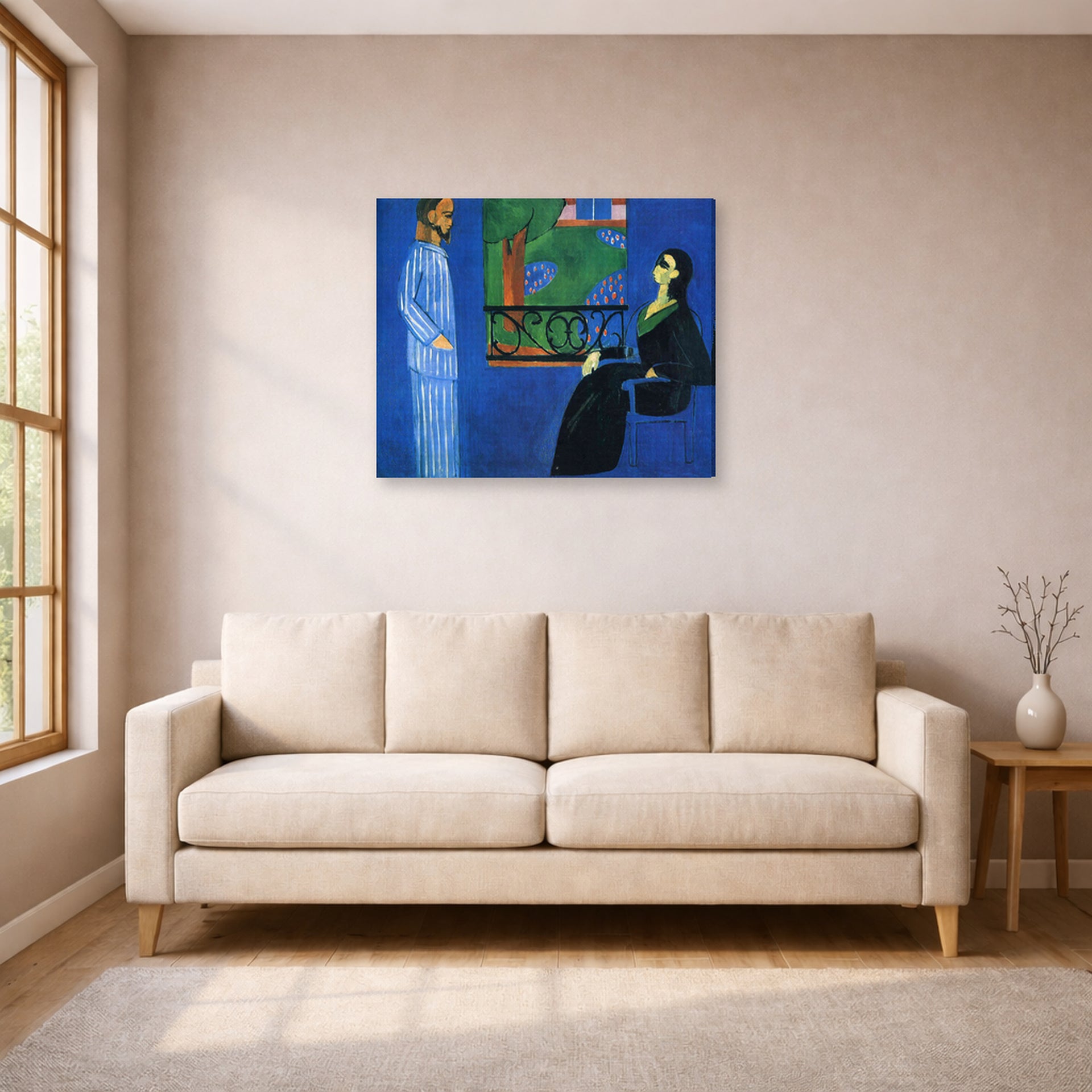 Gallery-wrapped canvas print of Henri Matisse's Conversation hanging in a living room, view 1