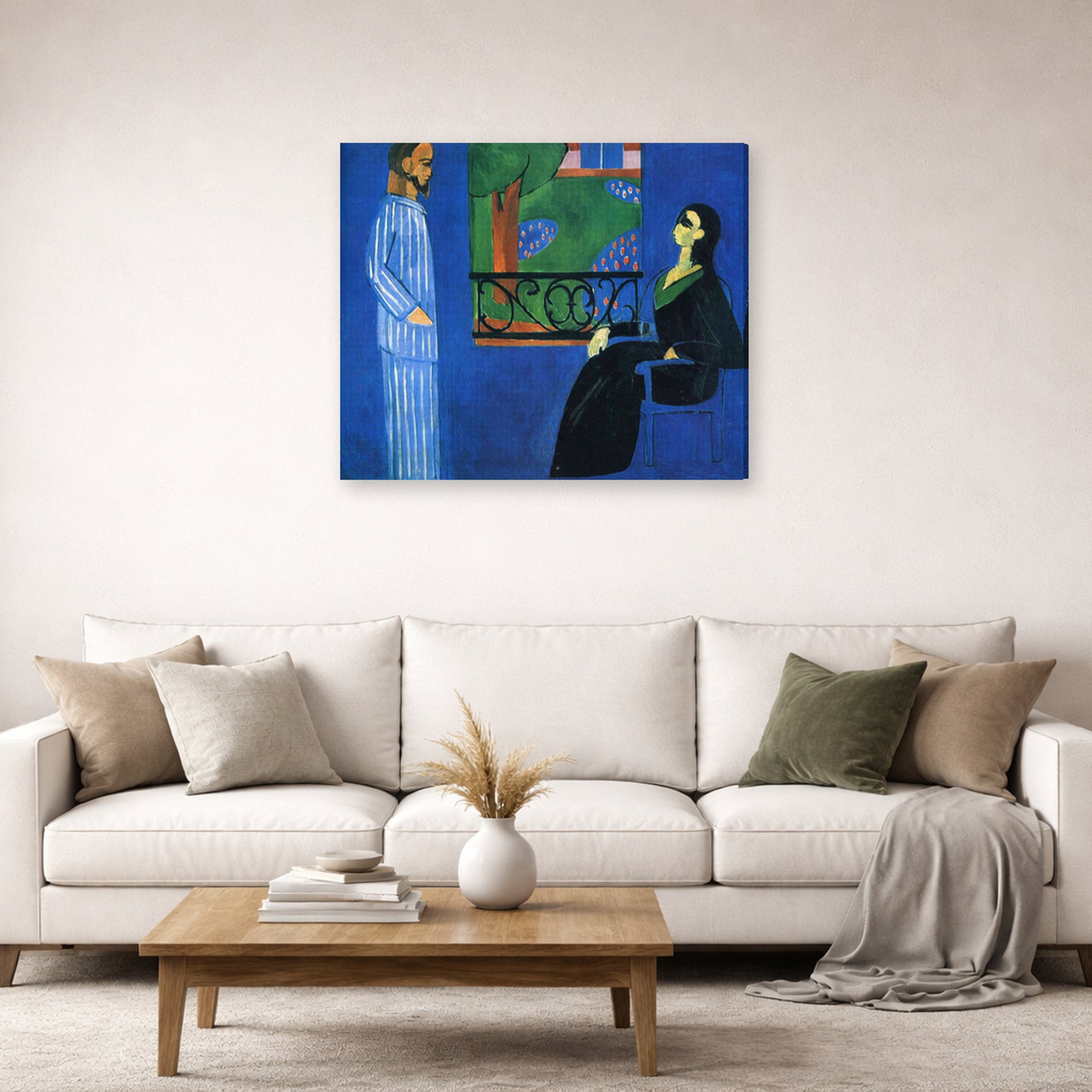 Gallery-wrapped canvas print of Henri Matisse's Conversation hanging in a living room, view 2