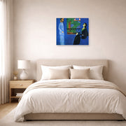 Unframed poster print of Henri Matisse's Conversation displayed above a bed in a bedroom