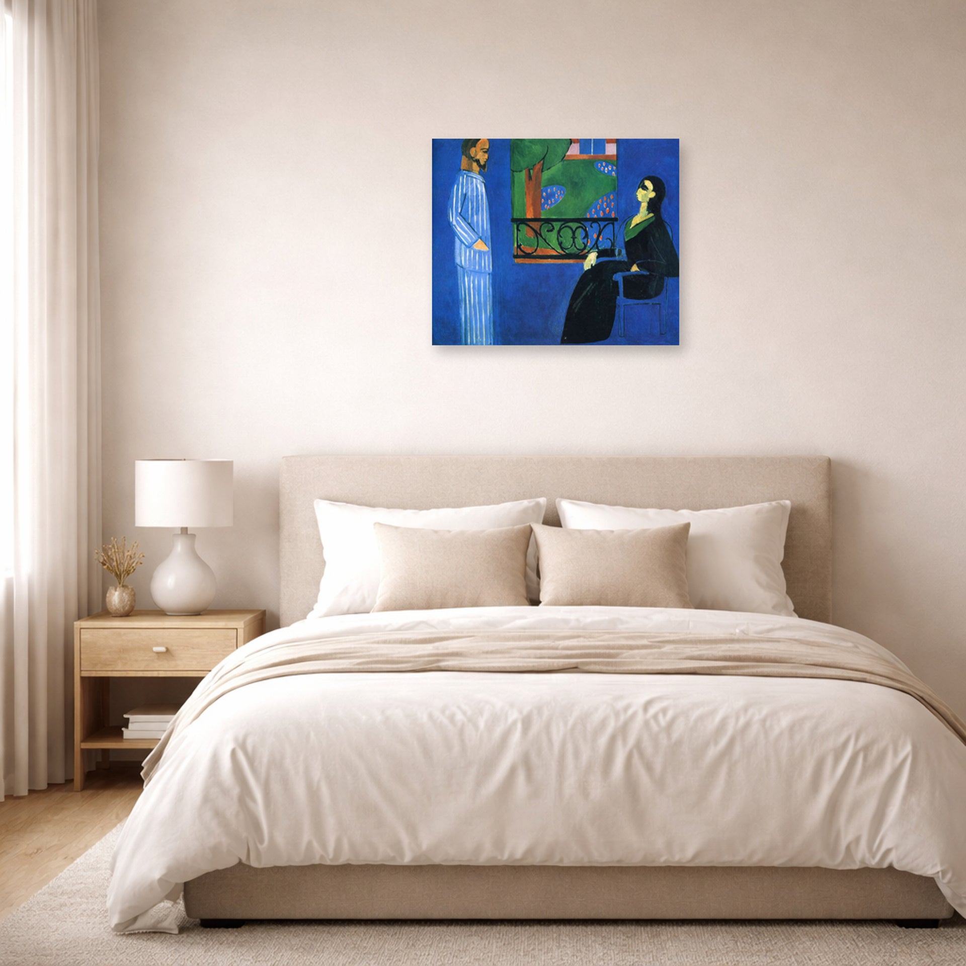 Unframed poster print of Henri Matisse's Conversation displayed above a bed in a bedroom