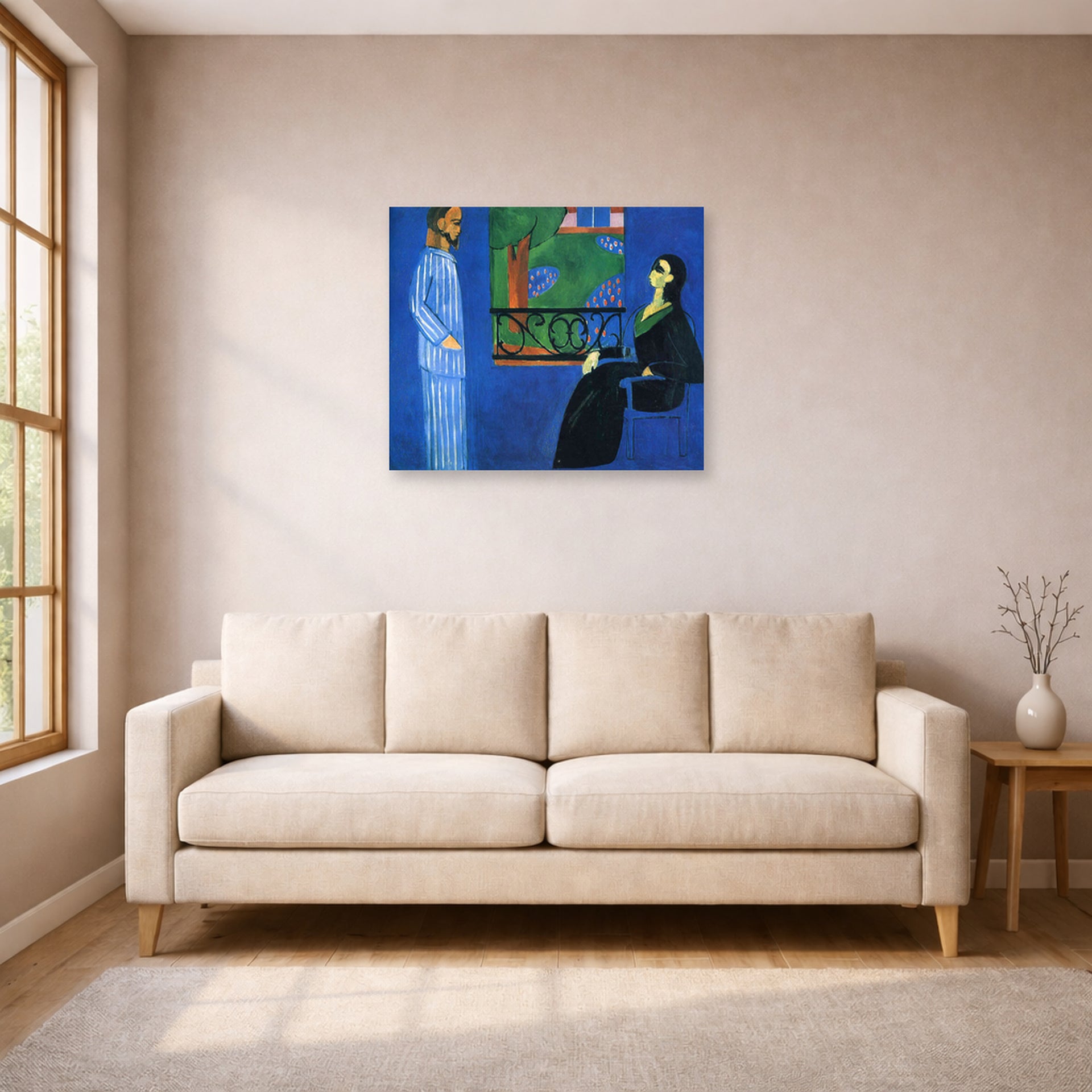 Unframed poster print of Henri Matisse's Conversation displayed in a living room, view 1