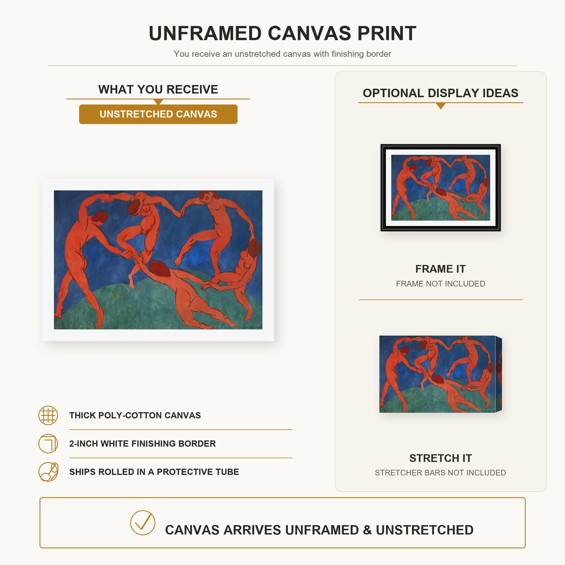 Henri Matisse - Dance canvas print size comparison and framing display infographic