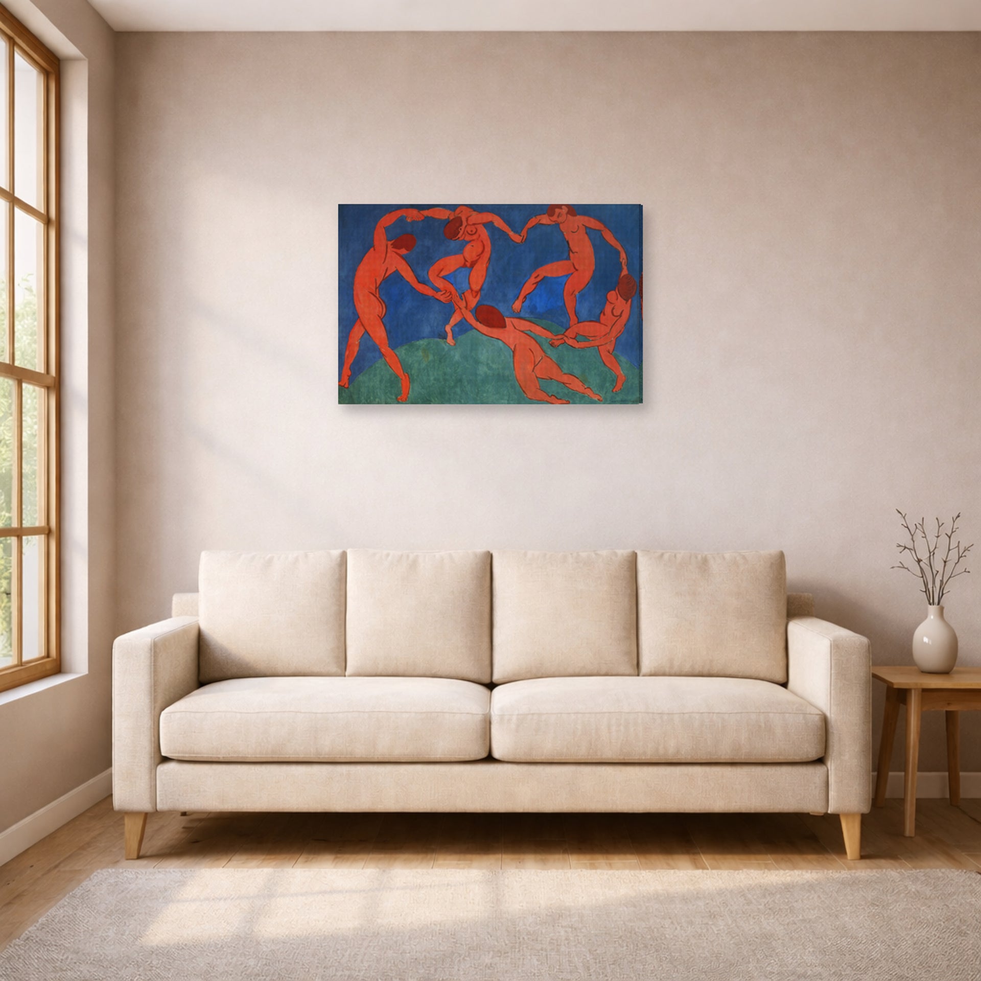 Gallery-wrapped canvas print of Henri Matisse's Dance hanging in a living room, view 1