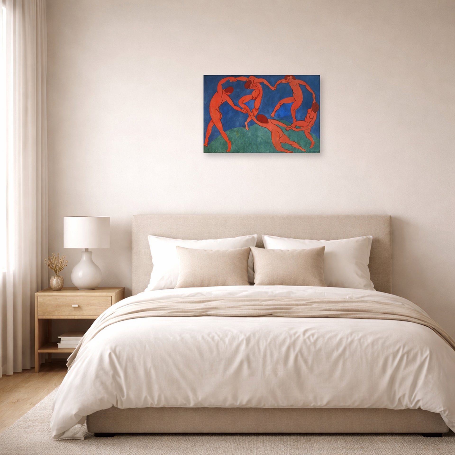 Unframed poster print of Henri Matisse's Dance displayed above a bed in a bedroom