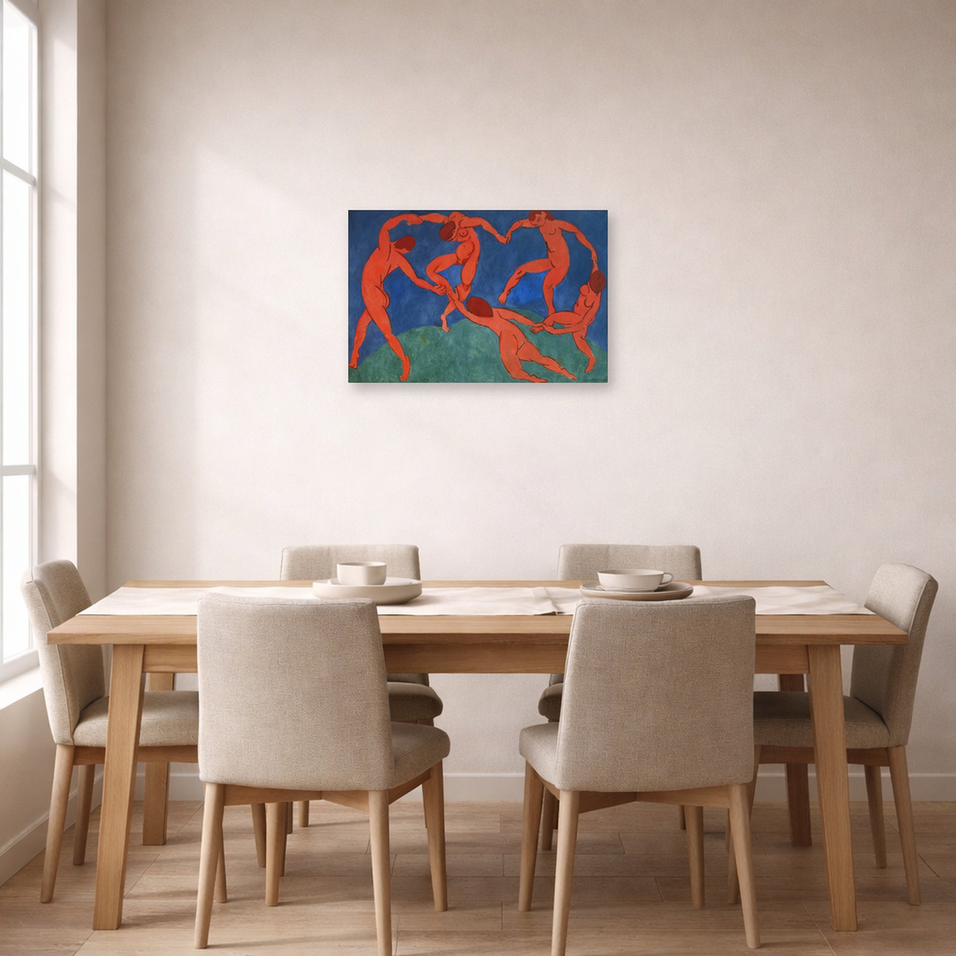 Unframed poster print of Henri Matisse's Dance displayed on a dining room wall