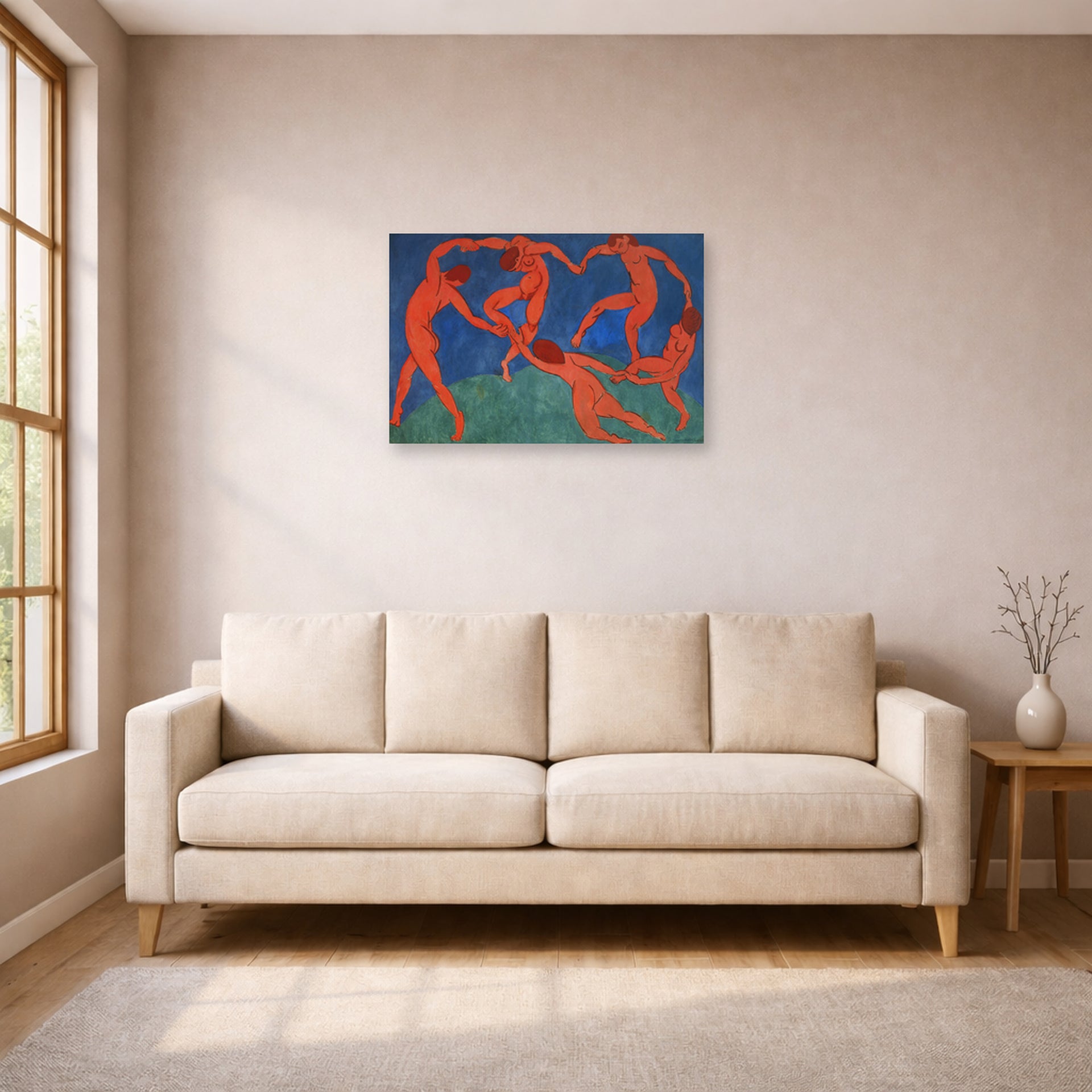 Unframed poster print of Henri Matisse's Dance displayed in a living room, view 1