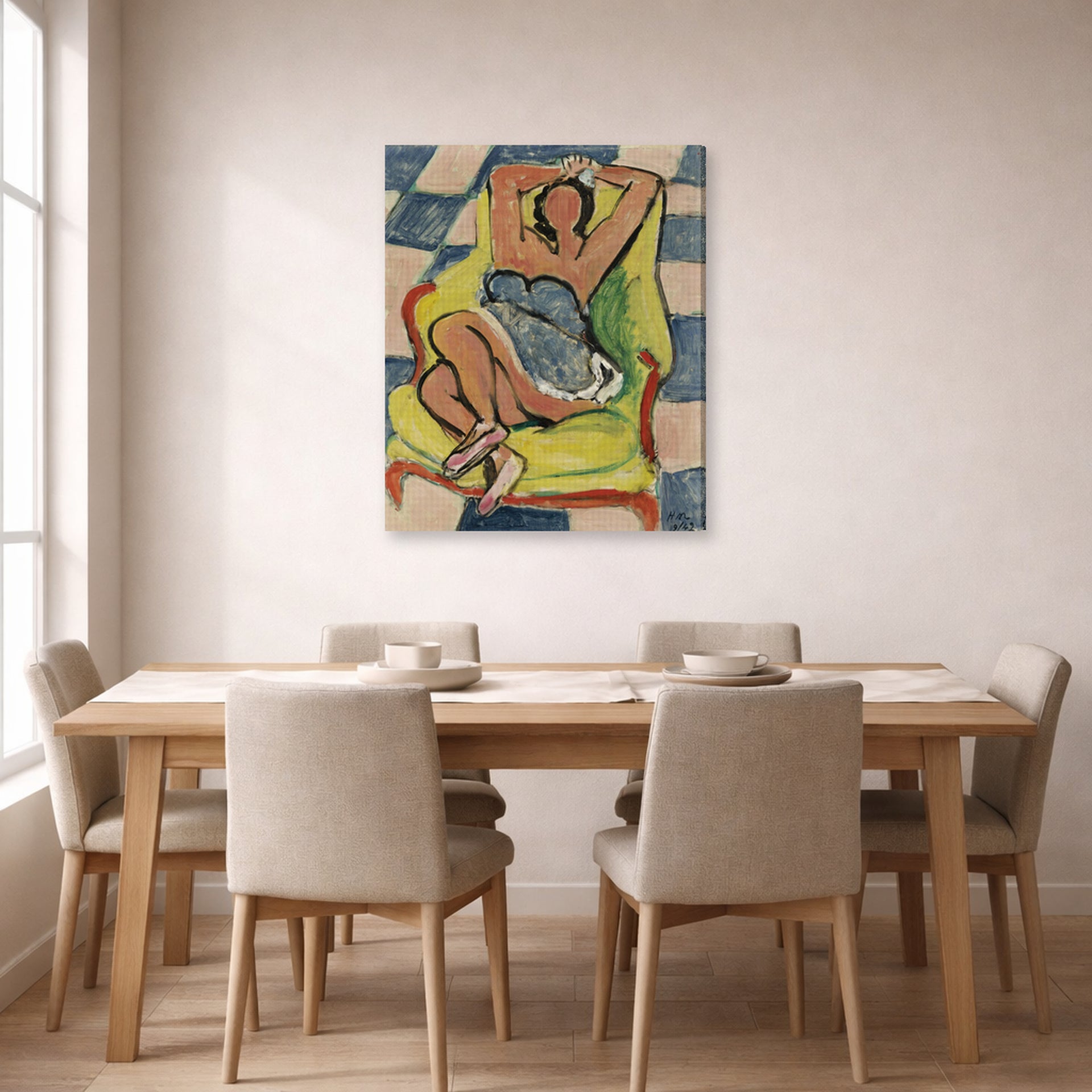 Gallery-wrapped canvas print of Henri Matisse's Dancer in repose hanging on a dining room wall