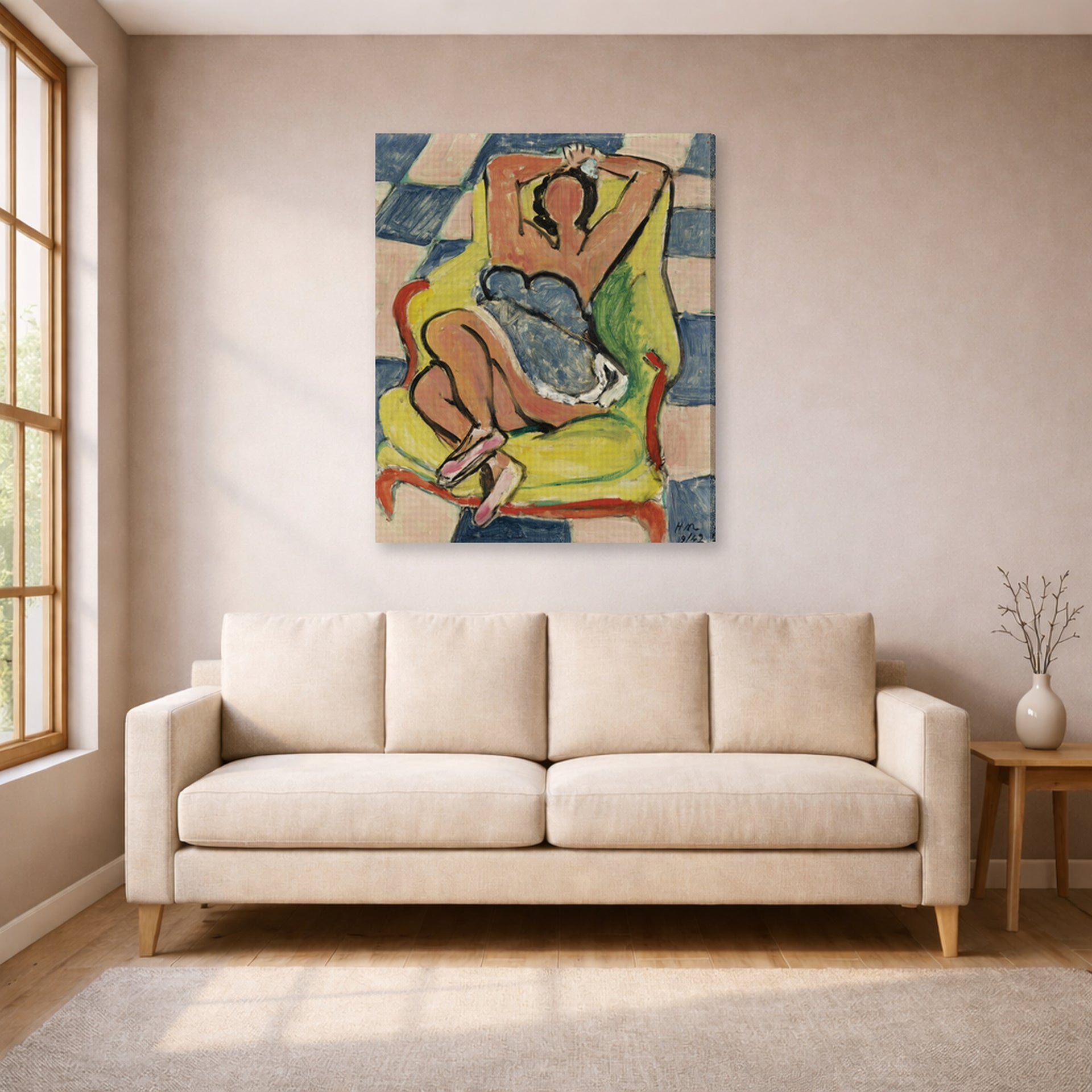 Gallery-wrapped canvas print of Henri Matisse's Dancer in repose hanging in a living room, view 1