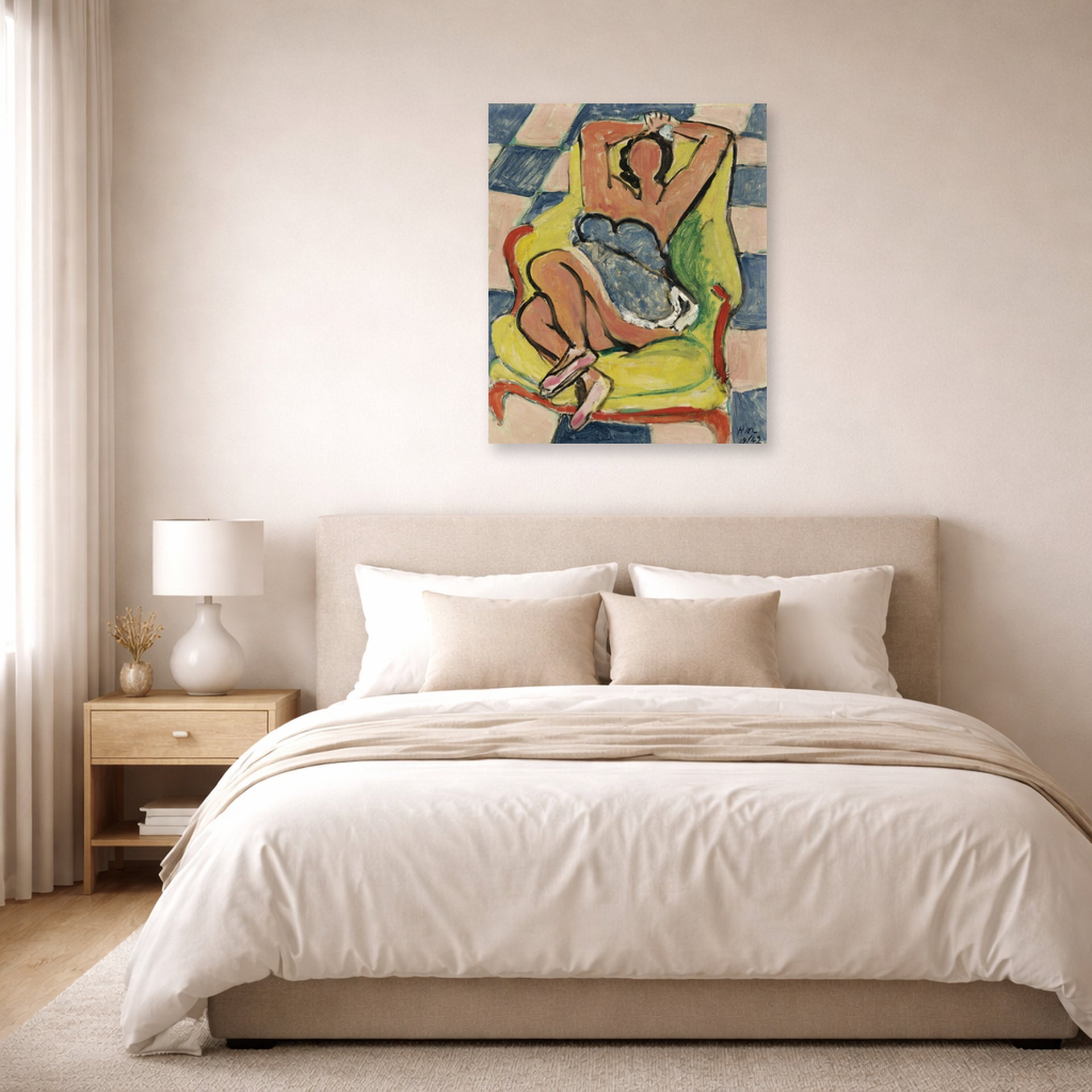Unframed poster print of Henri Matisse's Dancer in repose displayed above a bed in a bedroom