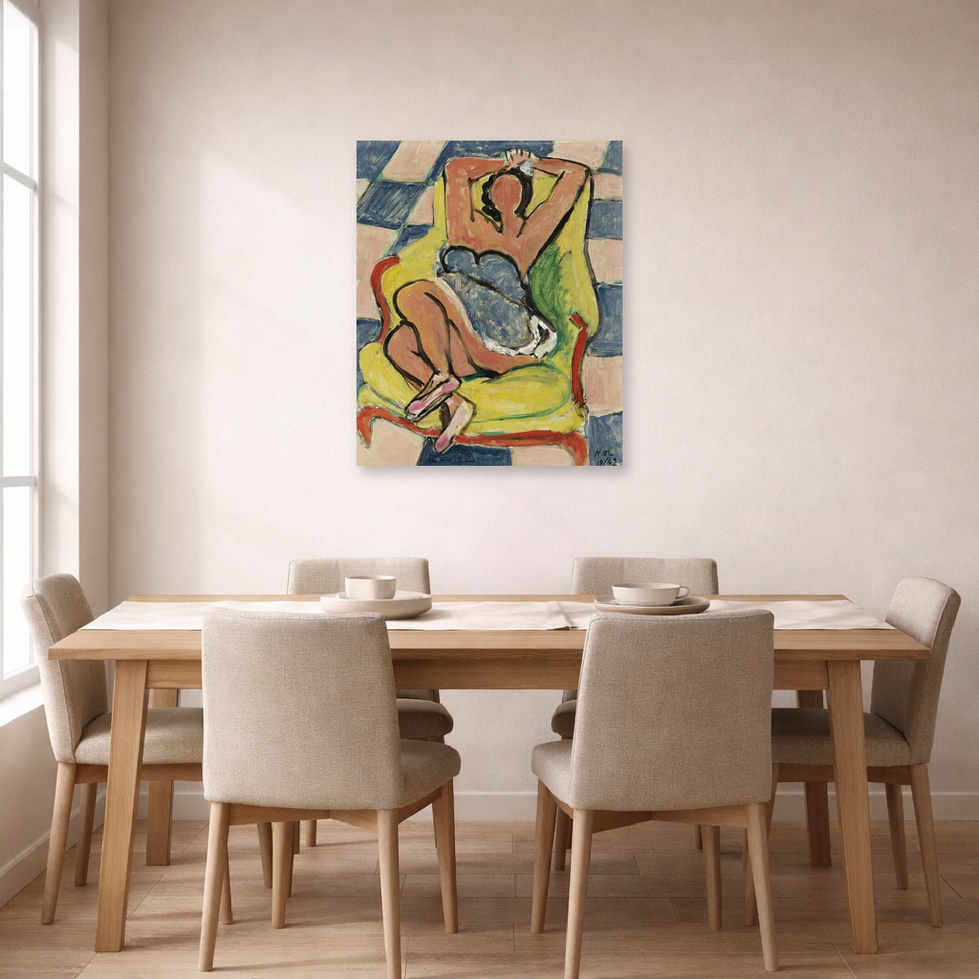 Unframed poster print of Henri Matisse's Dancer in repose displayed on a dining room wall