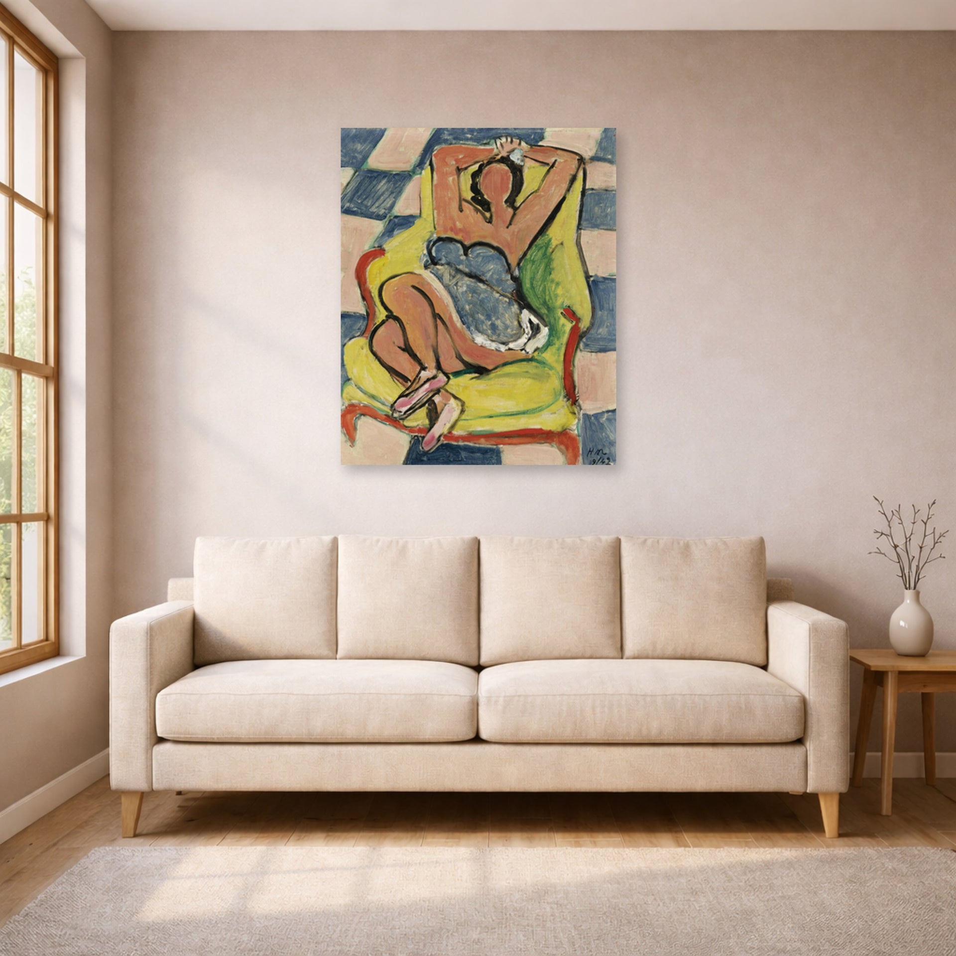 Unframed poster print of Henri Matisse's Dancer in repose displayed in a living room, view 1