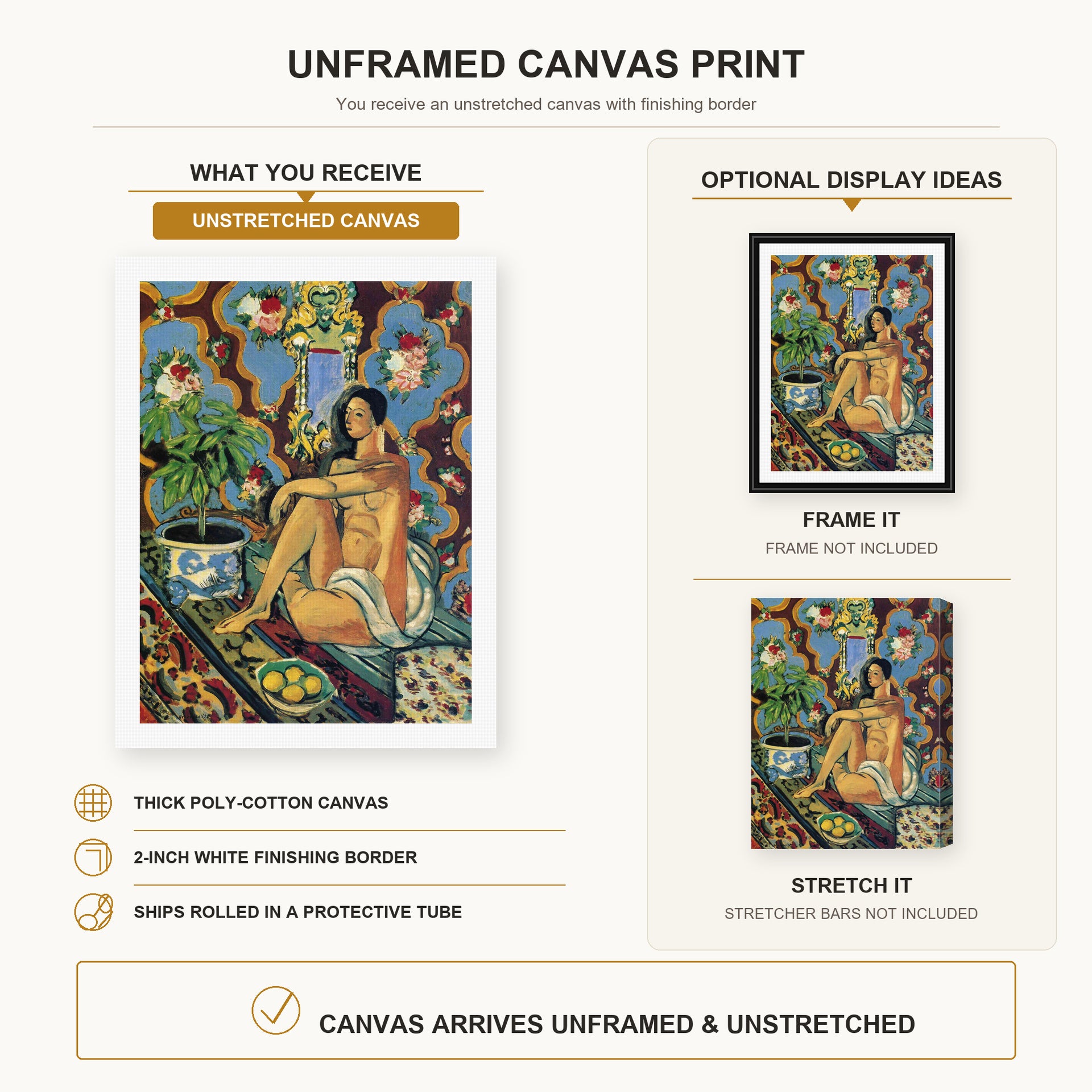 Henri Matisse - Decorative Figure on an Ornamental Background canvas print size comparison and framing display infographic