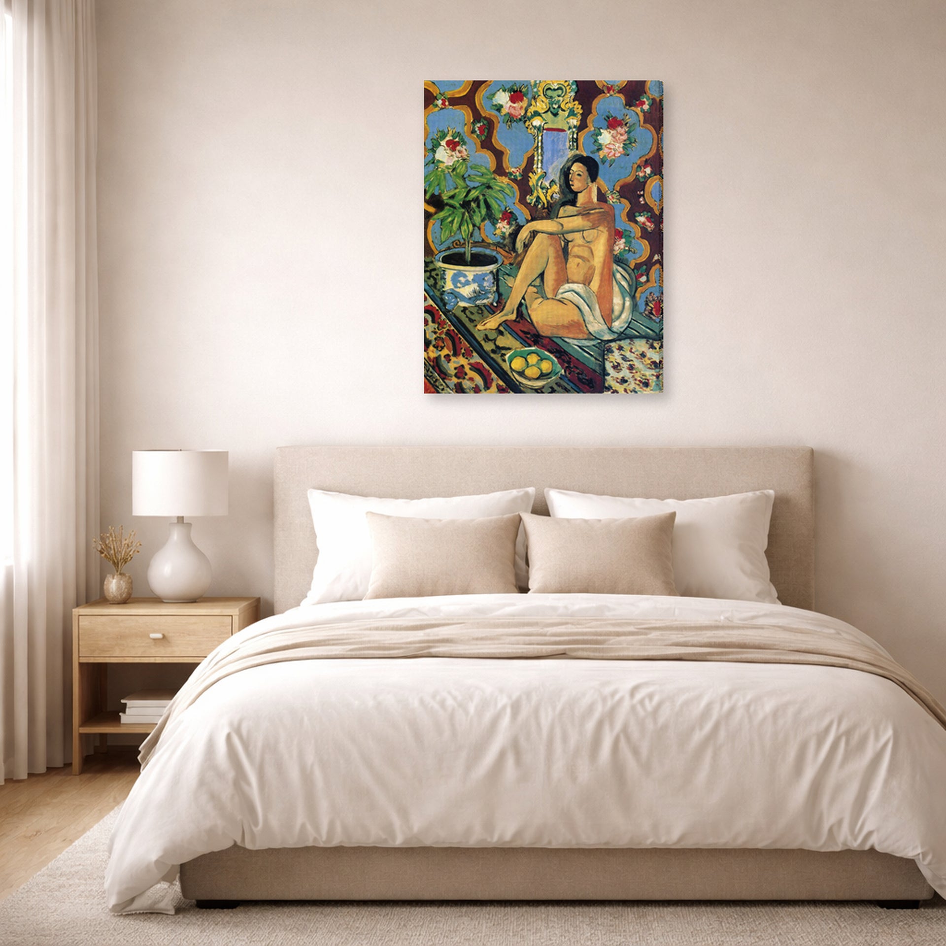 Gallery-wrapped canvas print of Henri Matisse's Decorative Figure on an Ornamental Background hanging above a bed in a bedroom