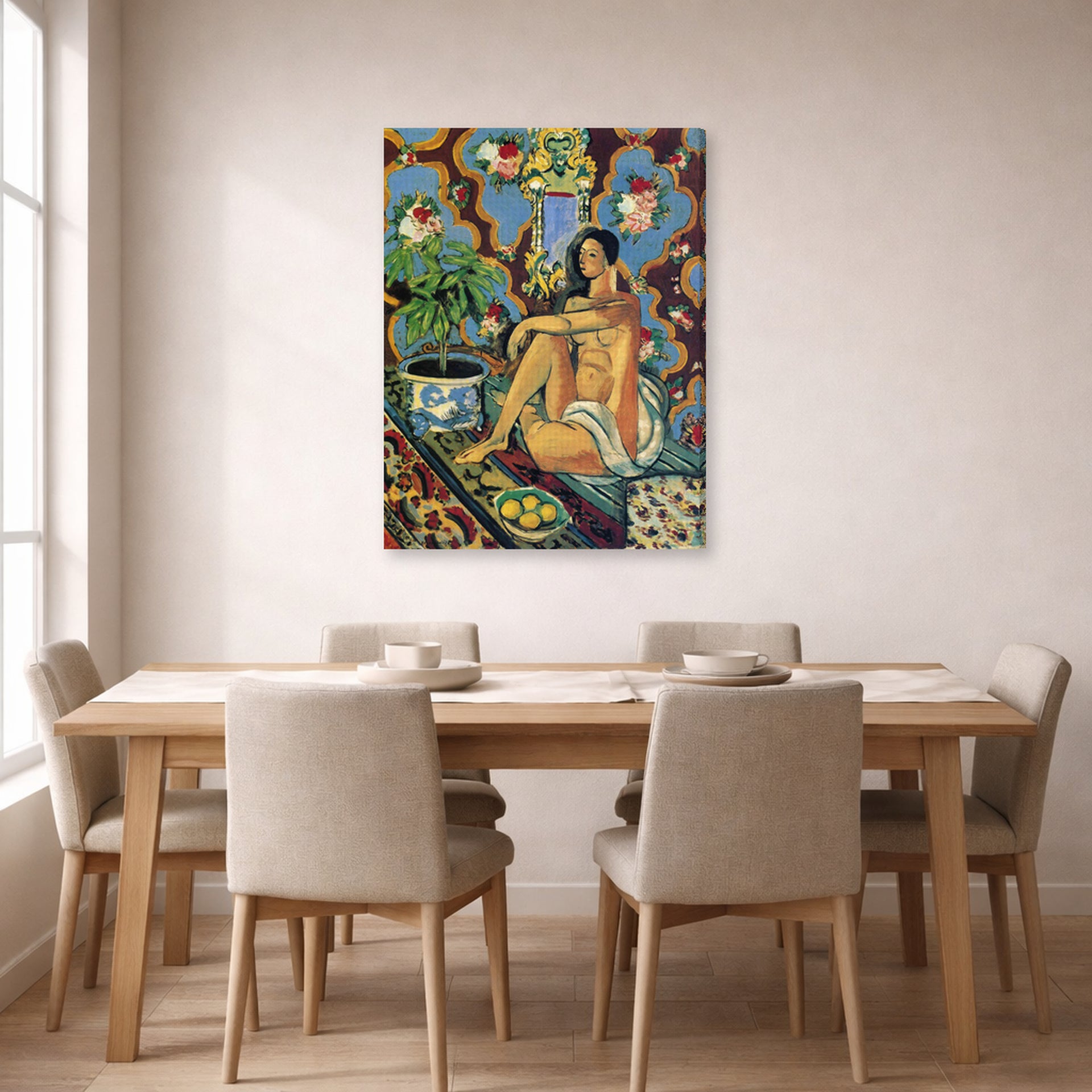 Gallery-wrapped canvas print of Henri Matisse's Decorative Figure on an Ornamental Background hanging on a dining room wall