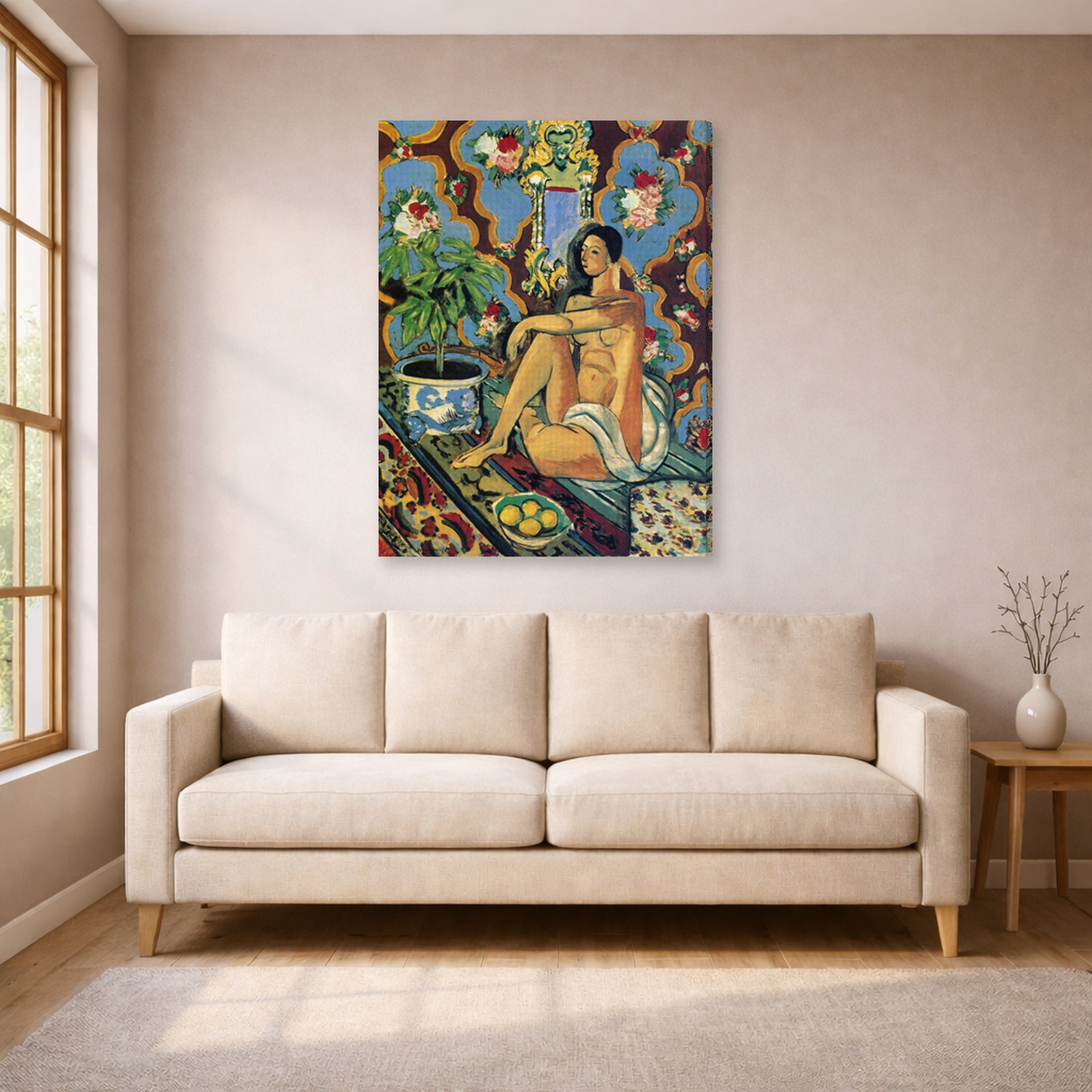 Gallery-wrapped canvas print of Henri Matisse's Decorative Figure on an Ornamental Background hanging in a living room, view 1