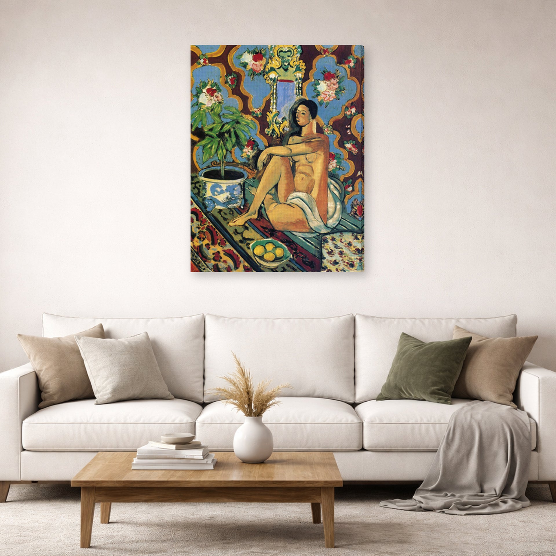 Gallery-wrapped canvas print of Henri Matisse's Decorative Figure on an Ornamental Background hanging in a living room, view 2