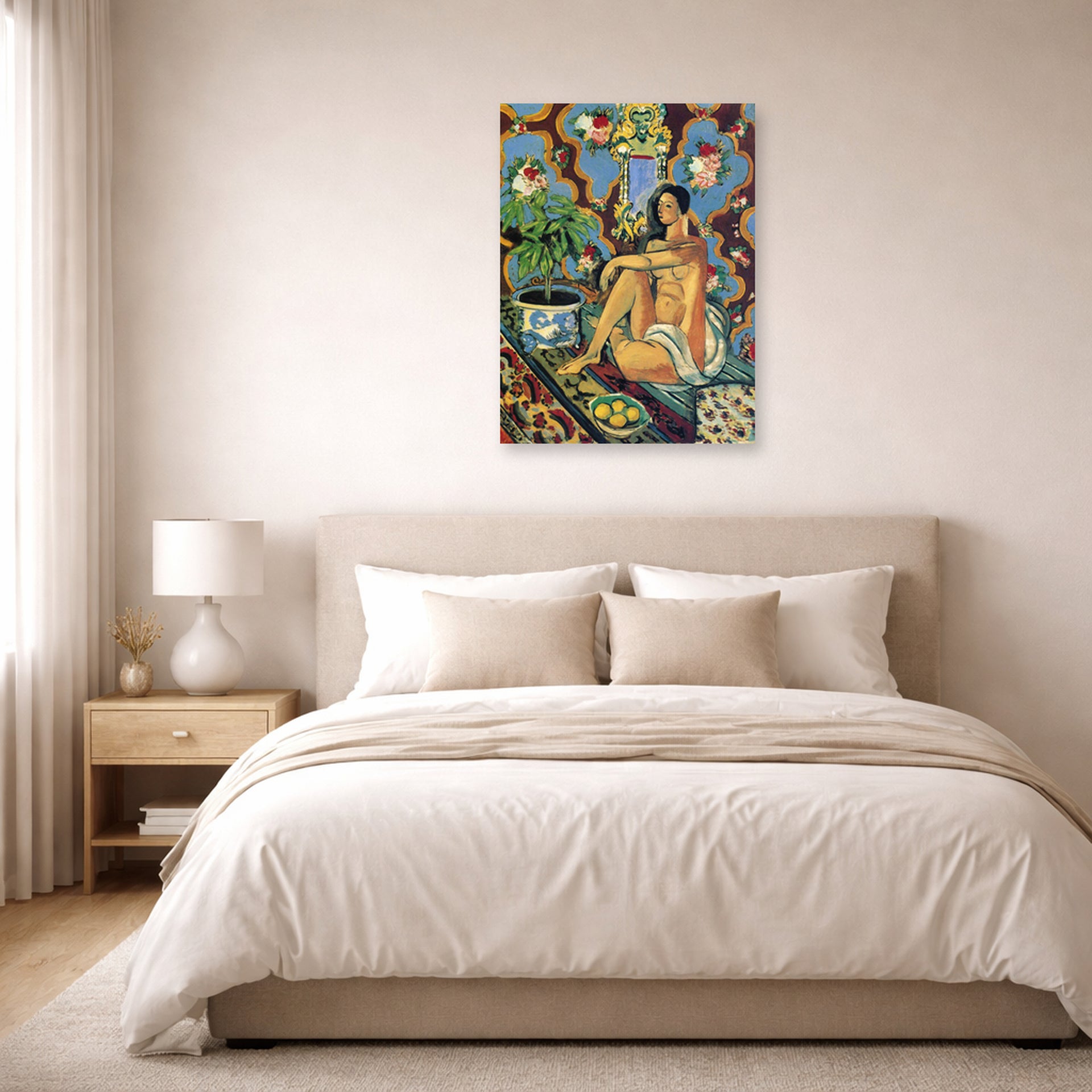 Unframed poster print of Henri Matisse's Decorative Figure on an Ornamental Background displayed above a bed in a bedroom