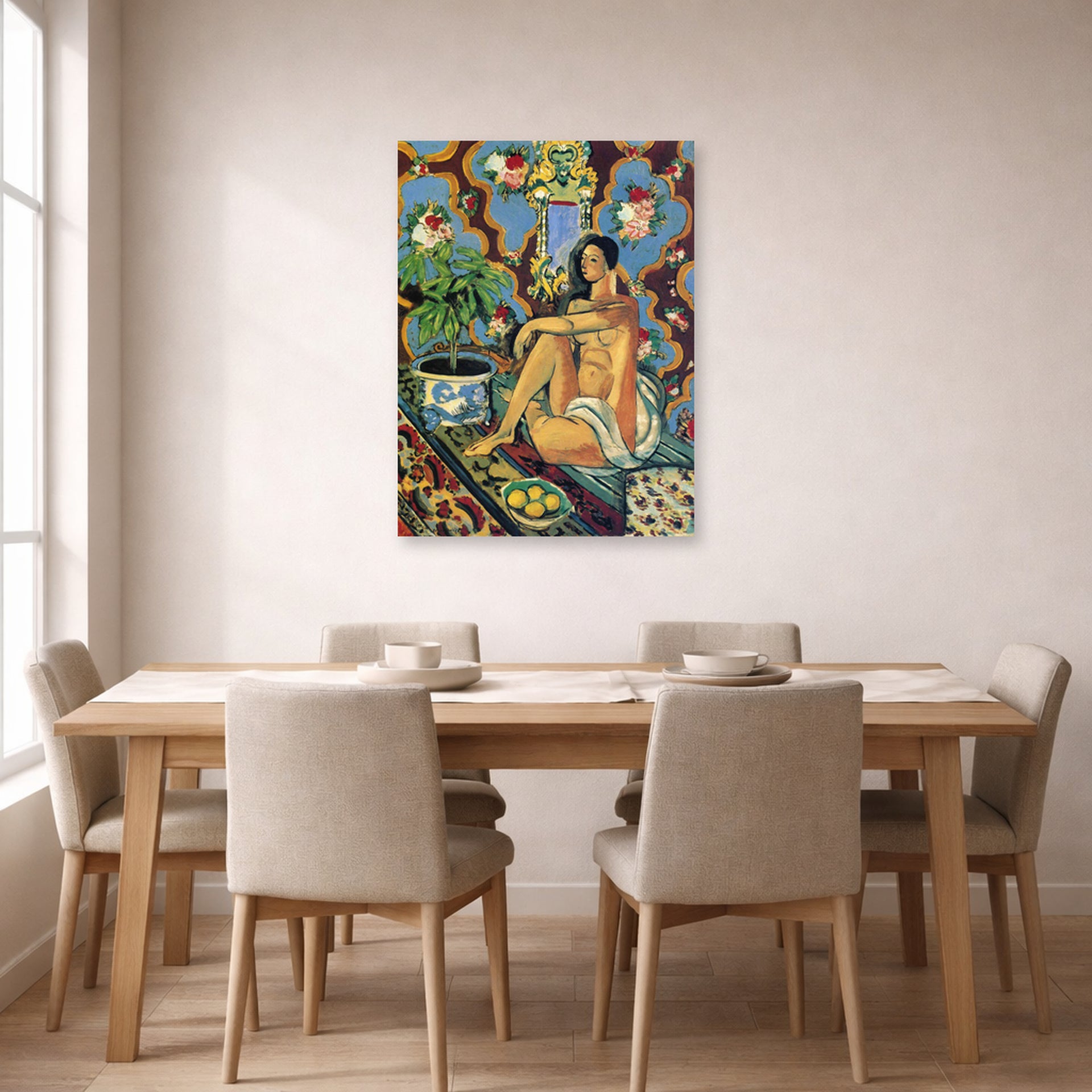 Unframed poster print of Henri Matisse's Decorative Figure on an Ornamental Background displayed on a dining room wall
