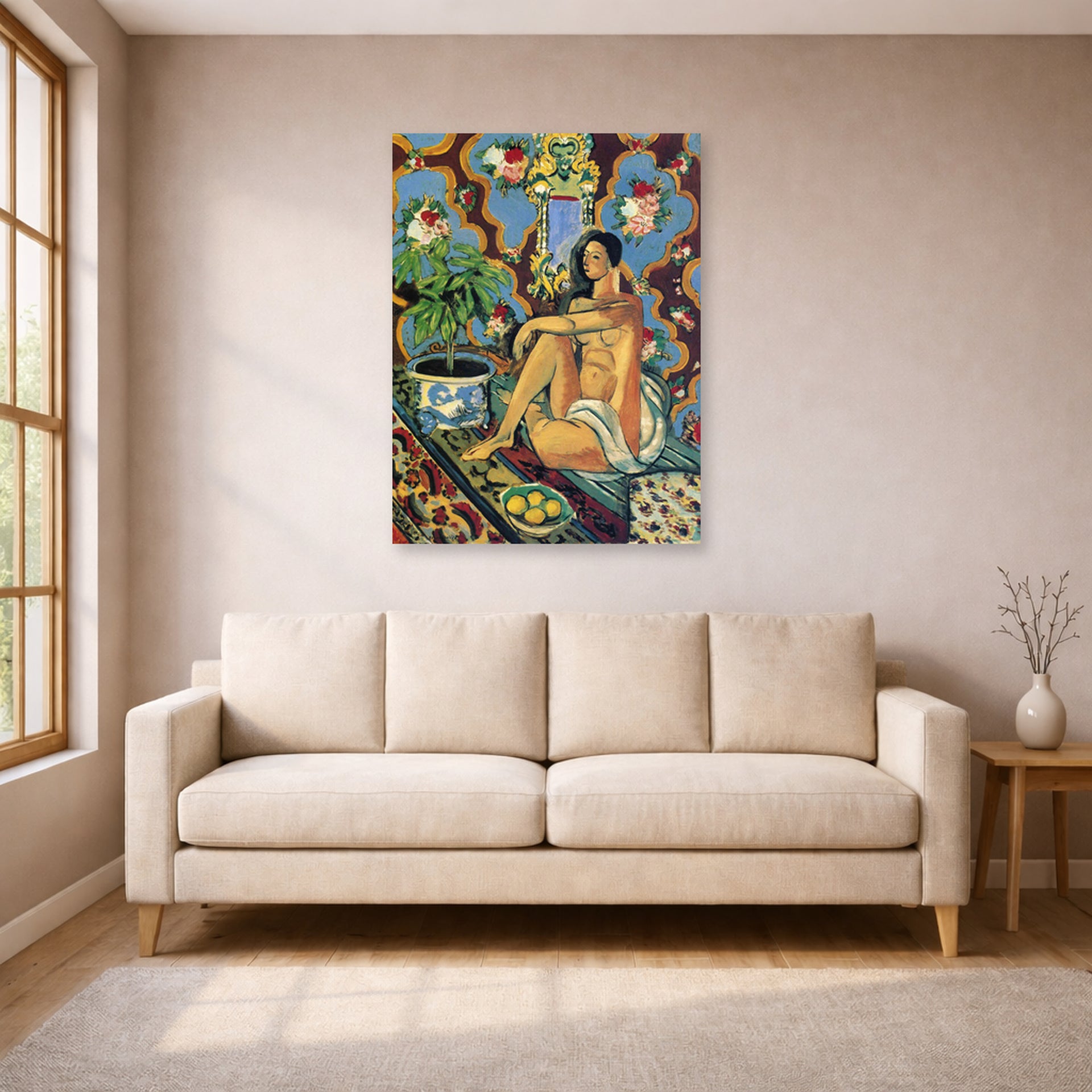 Unframed poster print of Henri Matisse's Decorative Figure on an Ornamental Background displayed in a living room, view 1