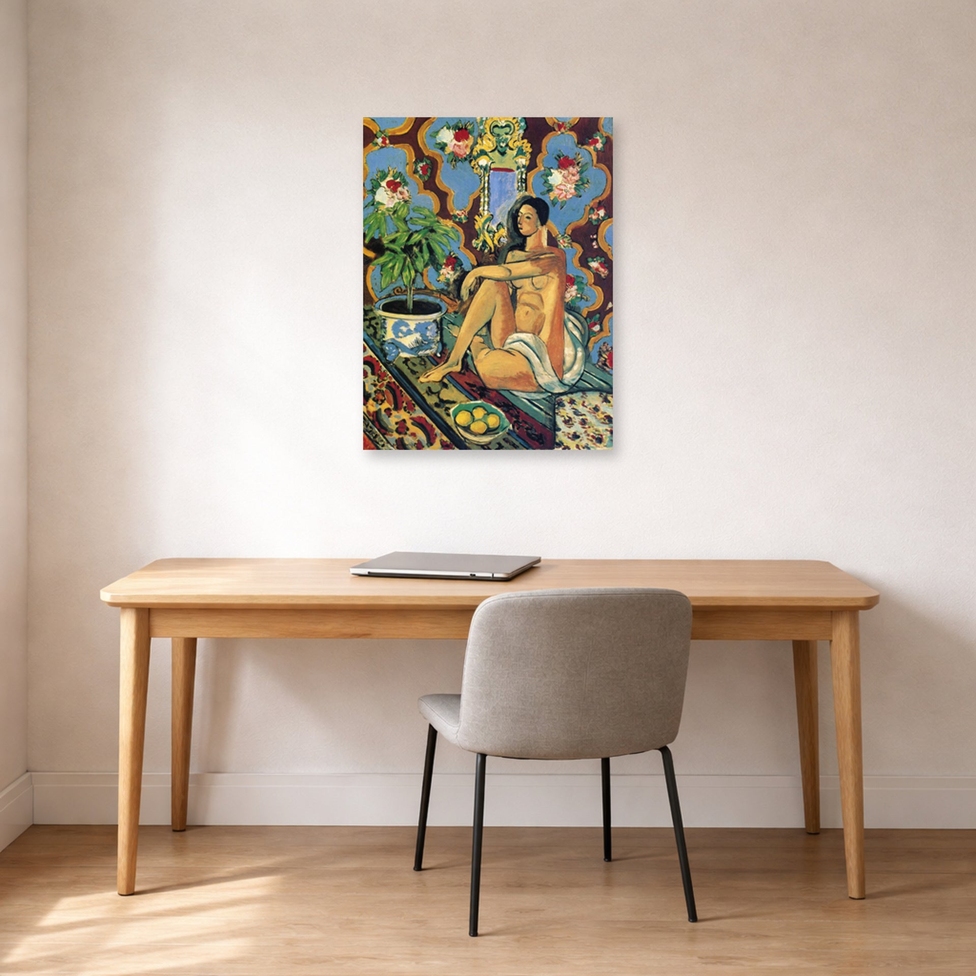 Unframed poster print of Henri Matisse's Decorative Figure on an Ornamental Background displayed in a home office
