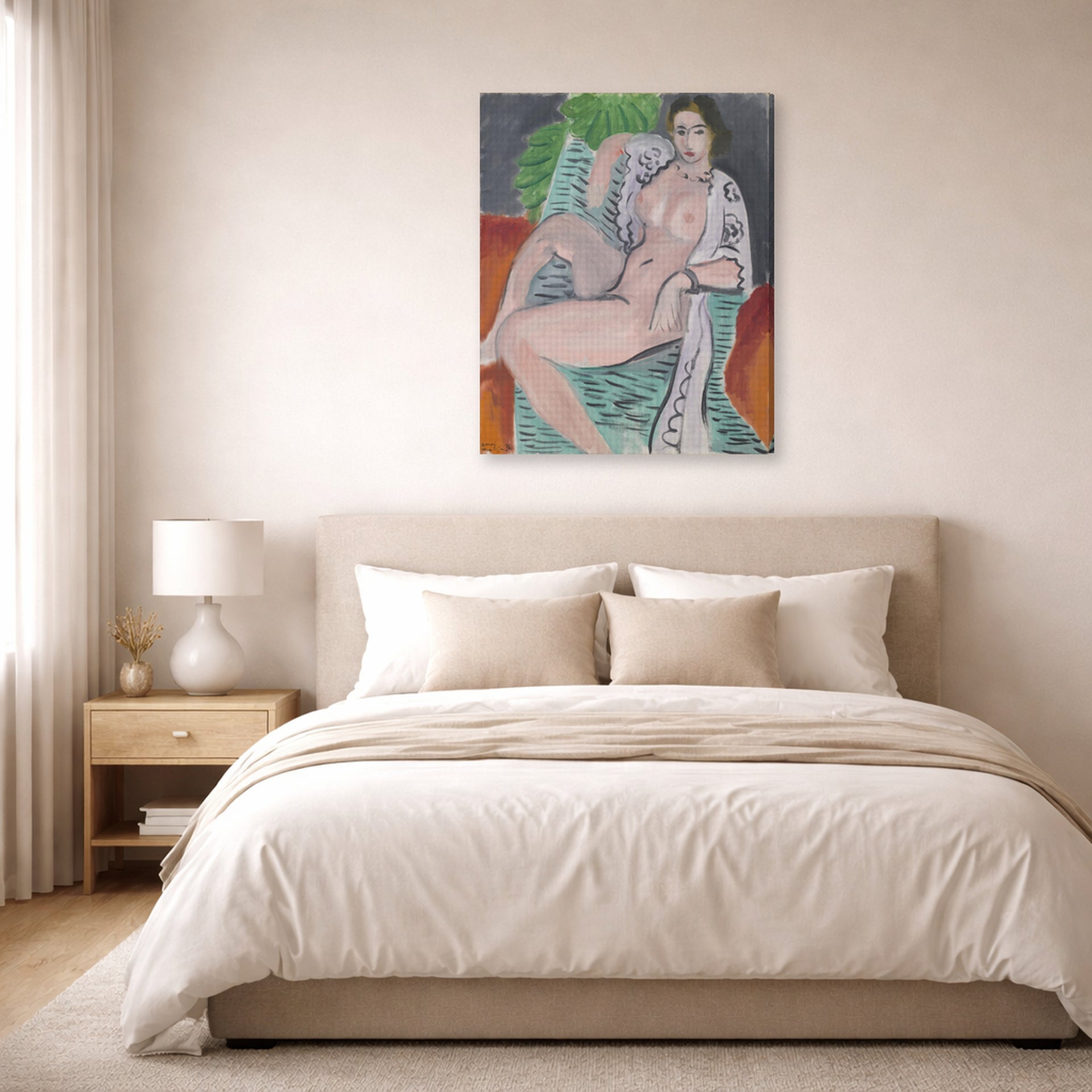 Gallery-wrapped canvas print of Henri Matisse's Draped Nude hanging above a bed in a bedroom