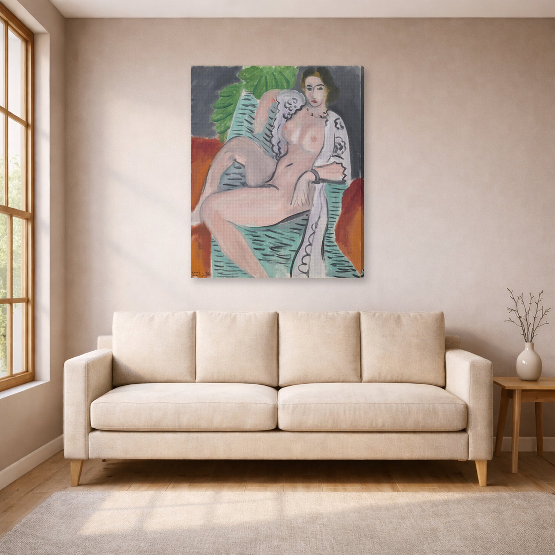 Gallery-wrapped canvas print of Henri Matisse's Draped Nude hanging in a living room, view 1