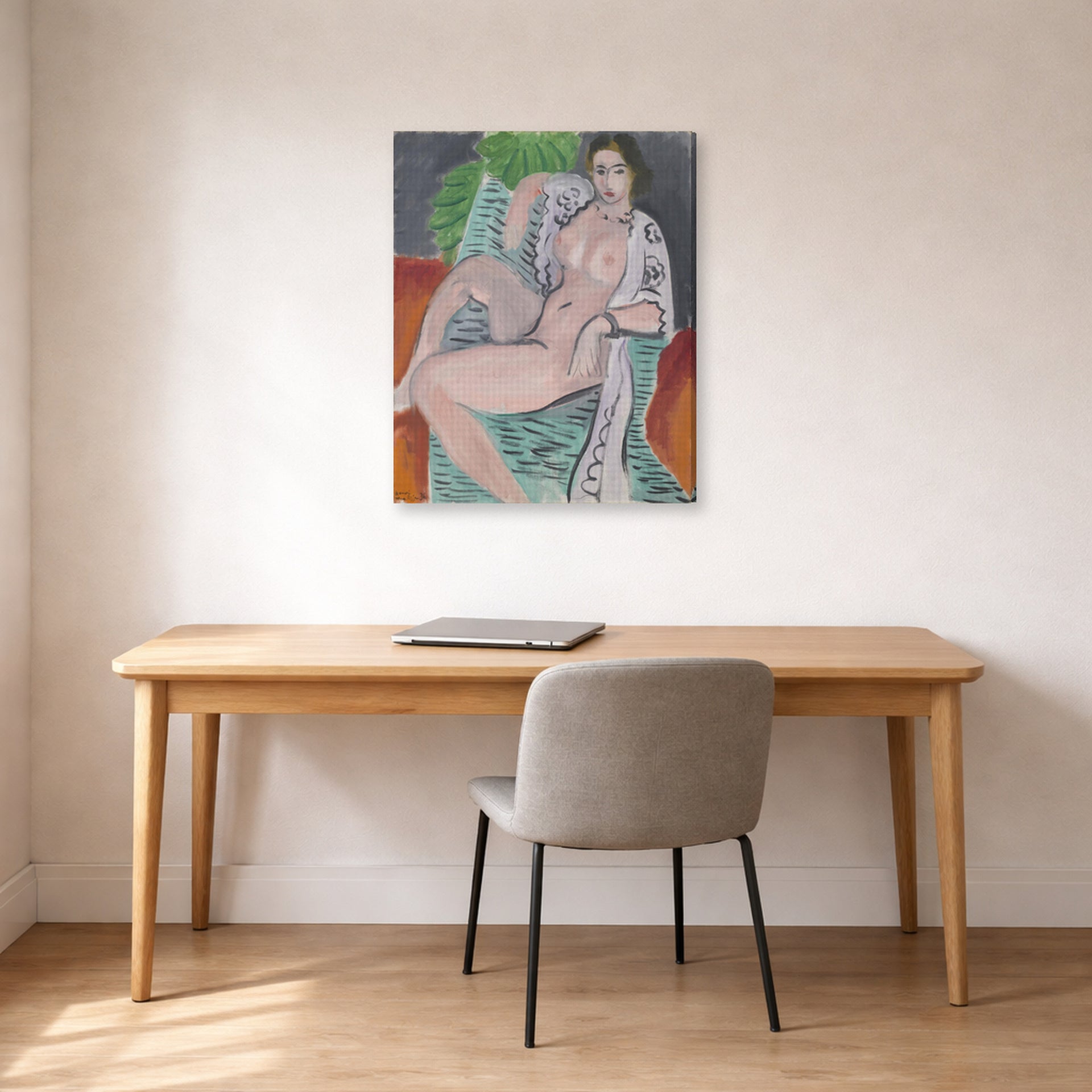 Gallery-wrapped canvas print of Henri Matisse's Draped Nude hanging in a home office