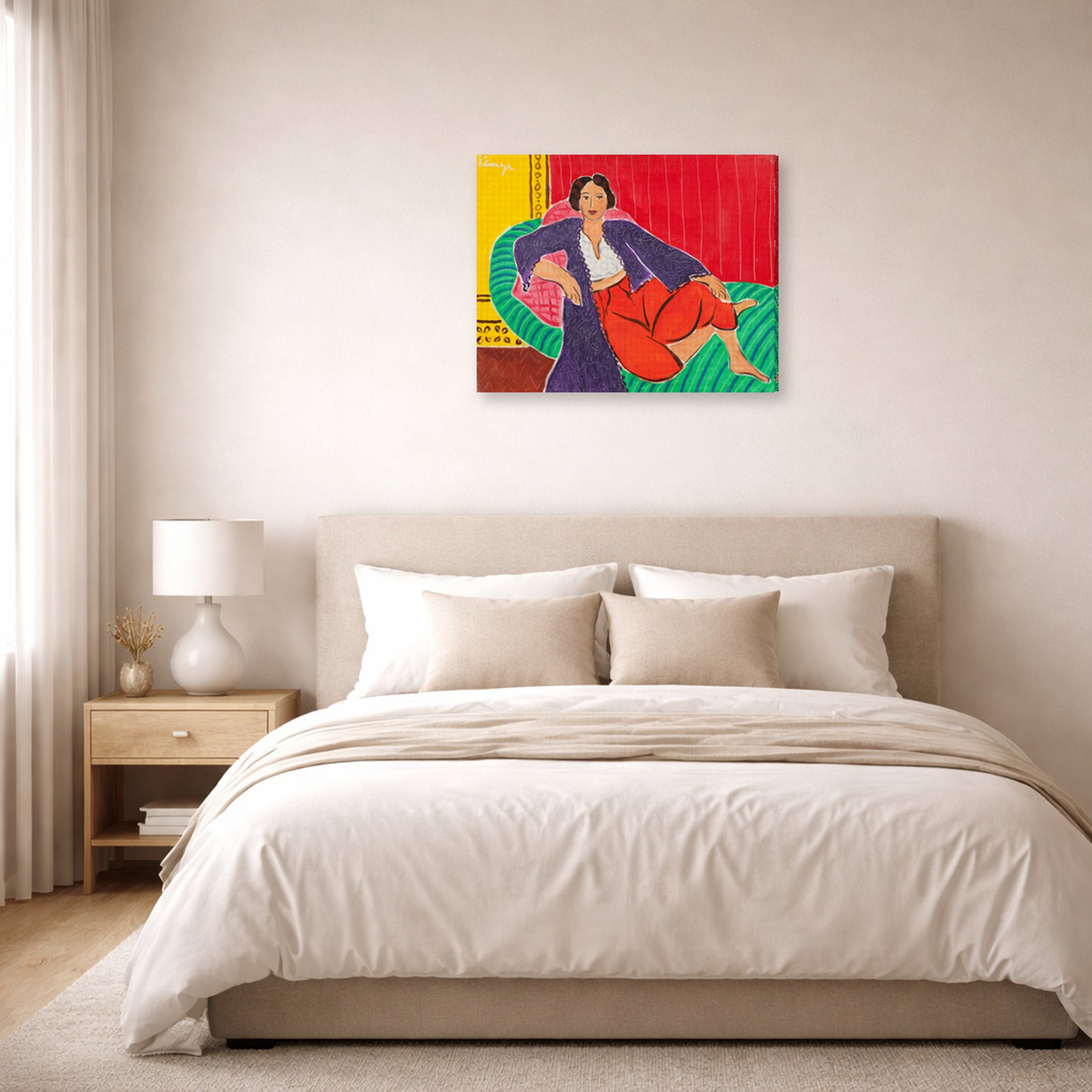 Gallery-wrapped canvas print of Henri Matisse's Elmyr De Hory-odalisque hanging above a bed in a bedroom