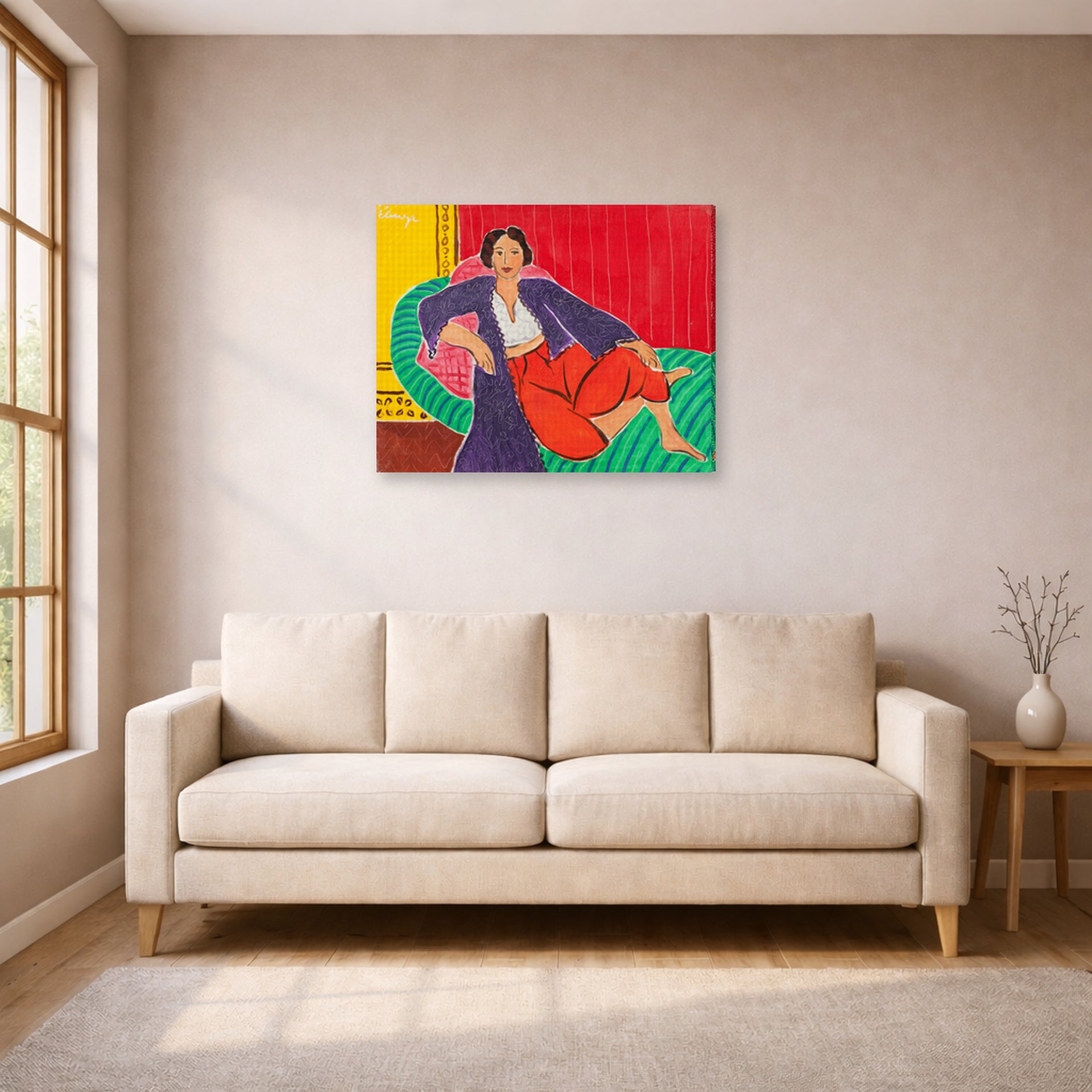 Gallery-wrapped canvas print of Henri Matisse's Elmyr De Hory-odalisque hanging in a living room, view 1