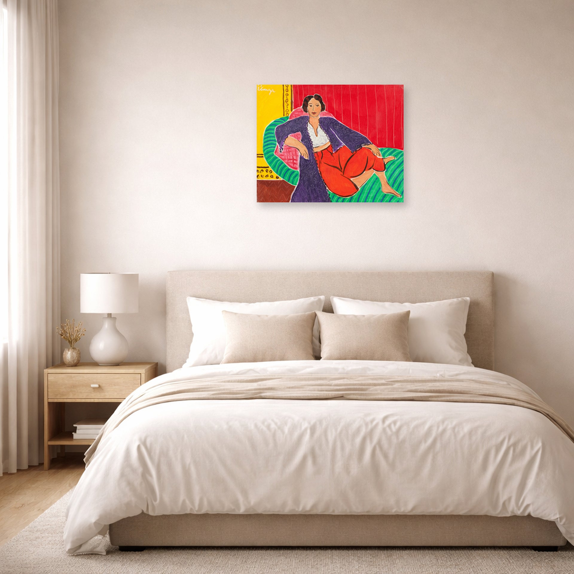 Unframed poster print of Henri Matisse's Elmyr De Hory-odalisque displayed above a bed in a bedroom