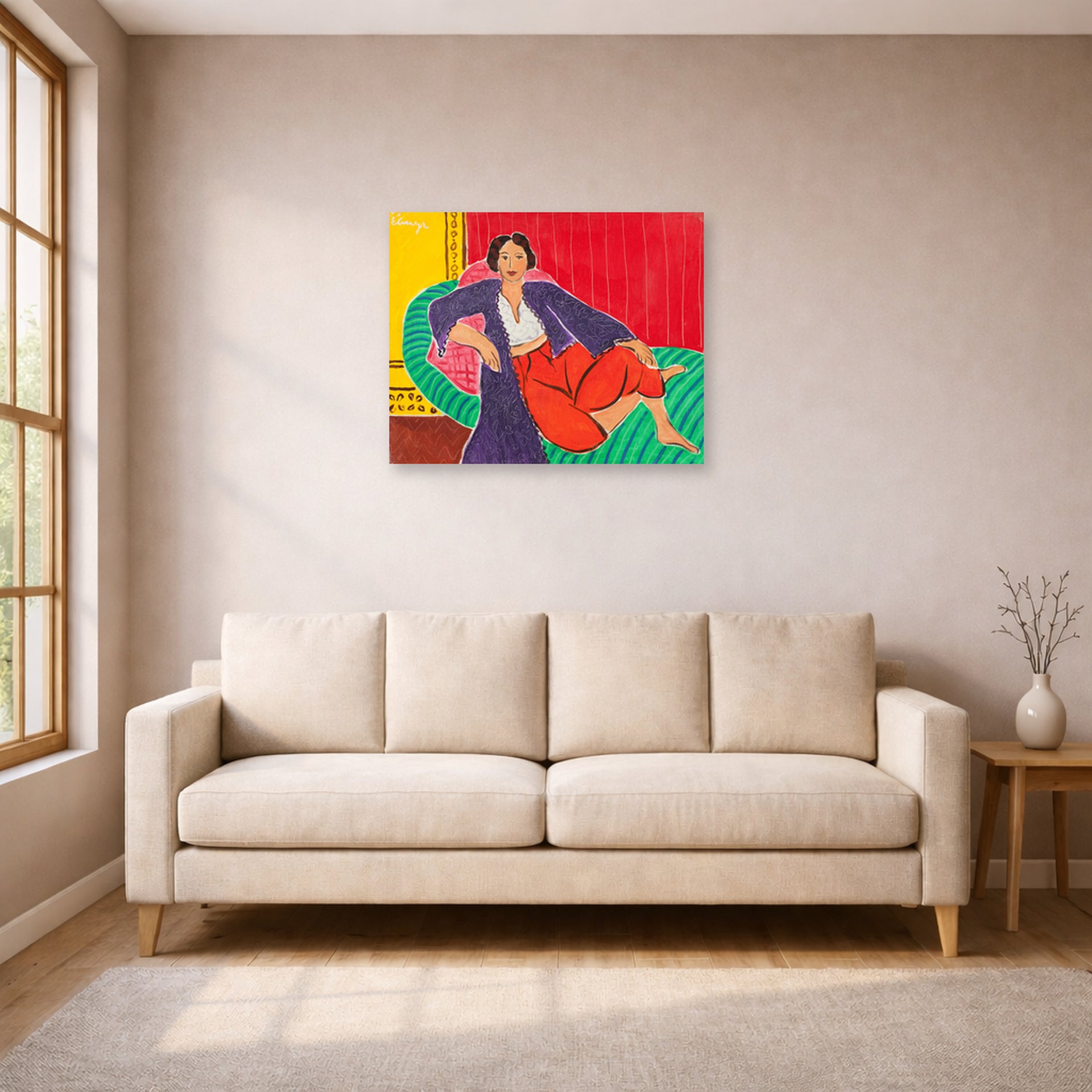 Unframed poster print of Henri Matisse's Elmyr De Hory-odalisque displayed in a living room, view 1