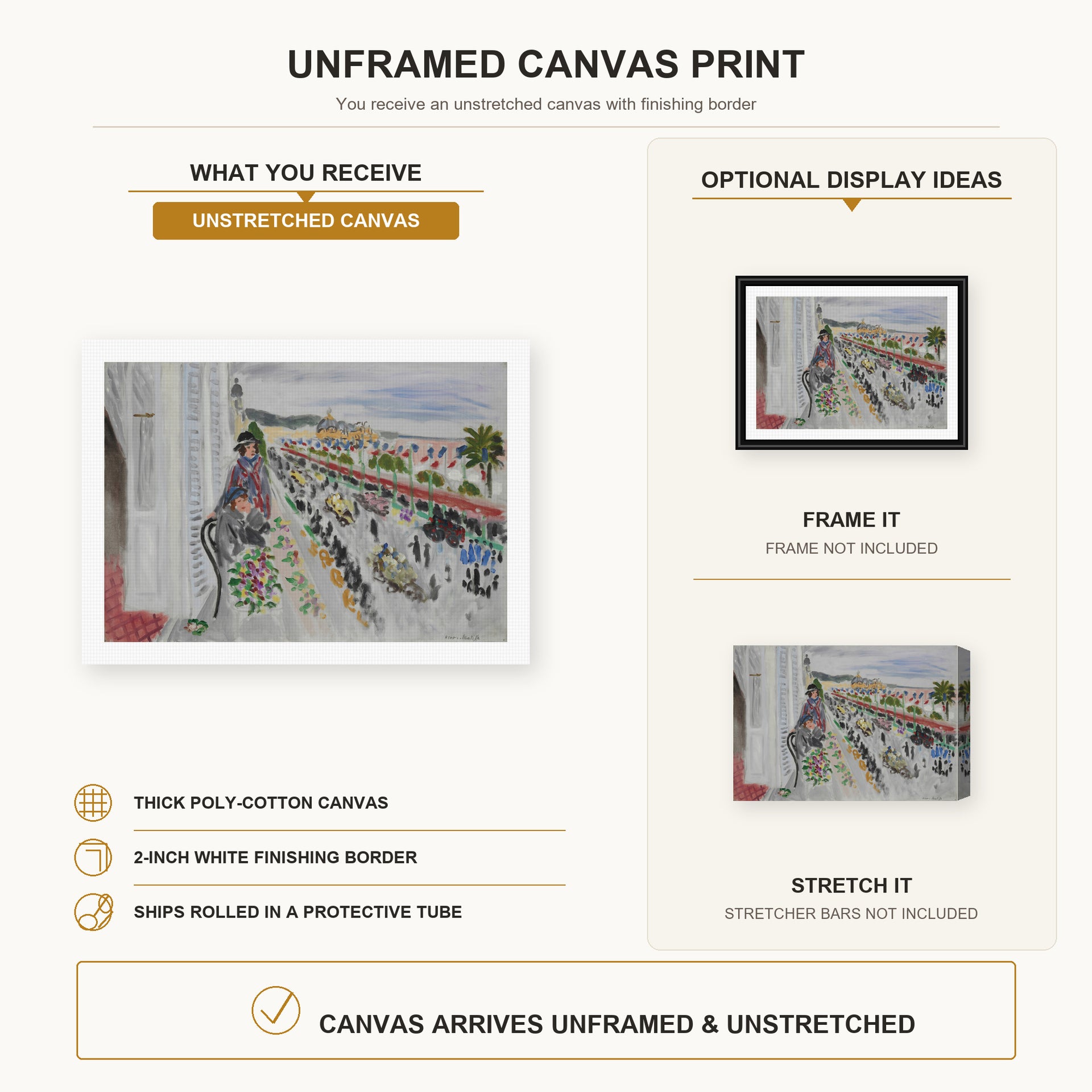 Henri Matisse - Festival of Flowers canvas print size comparison and framing display infographic