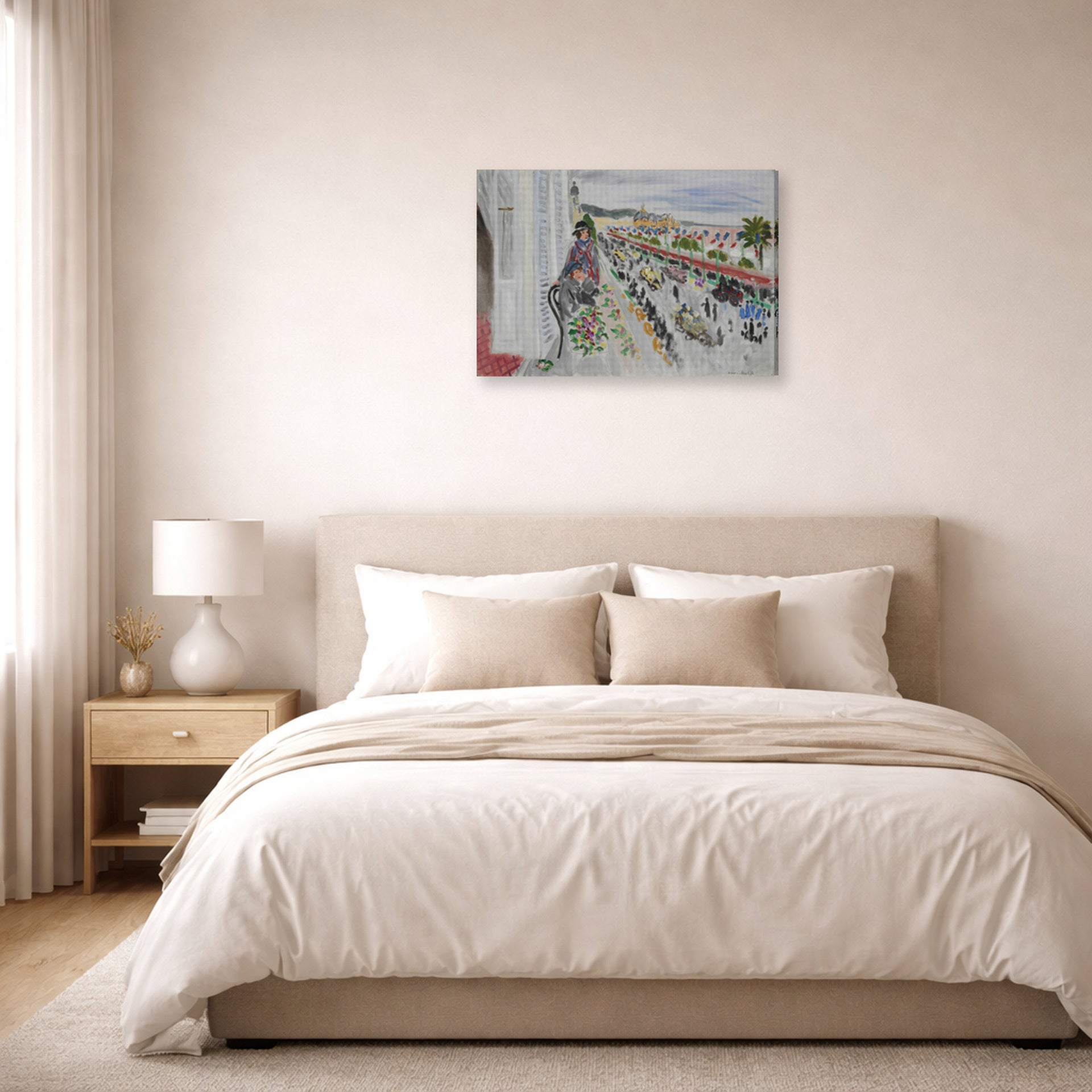 Gallery-wrapped canvas print of Henri Matisse's Festival of Flowers hanging above a bed in a bedroom