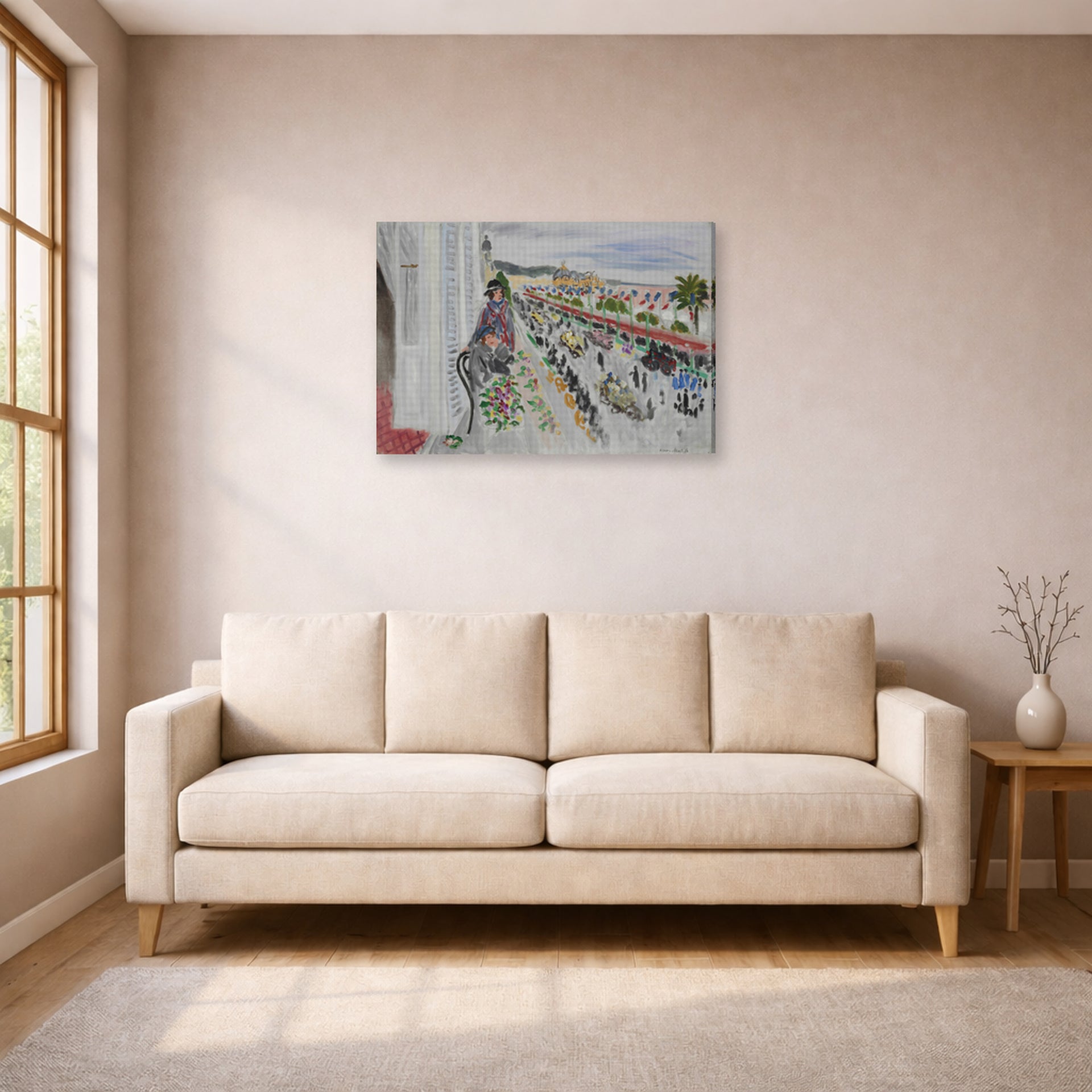 Gallery-wrapped canvas print of Henri Matisse's Festival of Flowers hanging in a living room, view 1