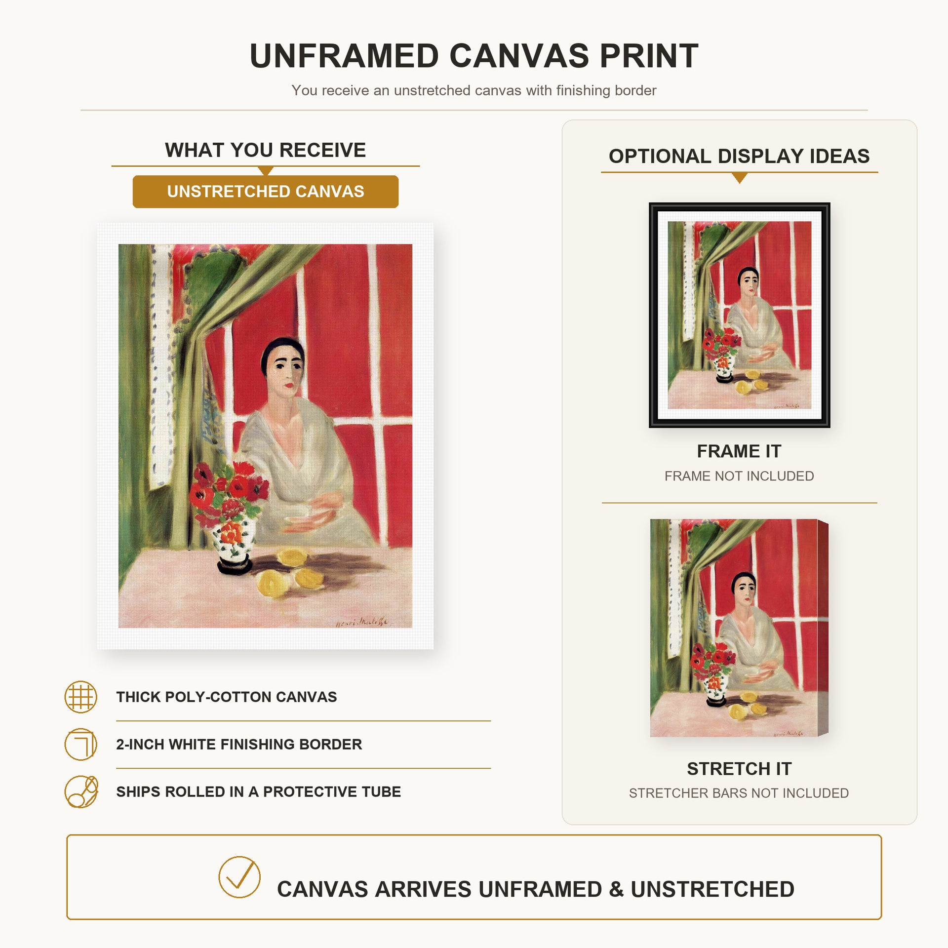 Henri Matisse - Figure at the Rideau Releve canvas print size comparison and framing display infographic