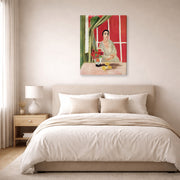 Gallery-wrapped canvas print of Henri Matisse's Figure at the Rideau Releve hanging above a bed in a bedroom