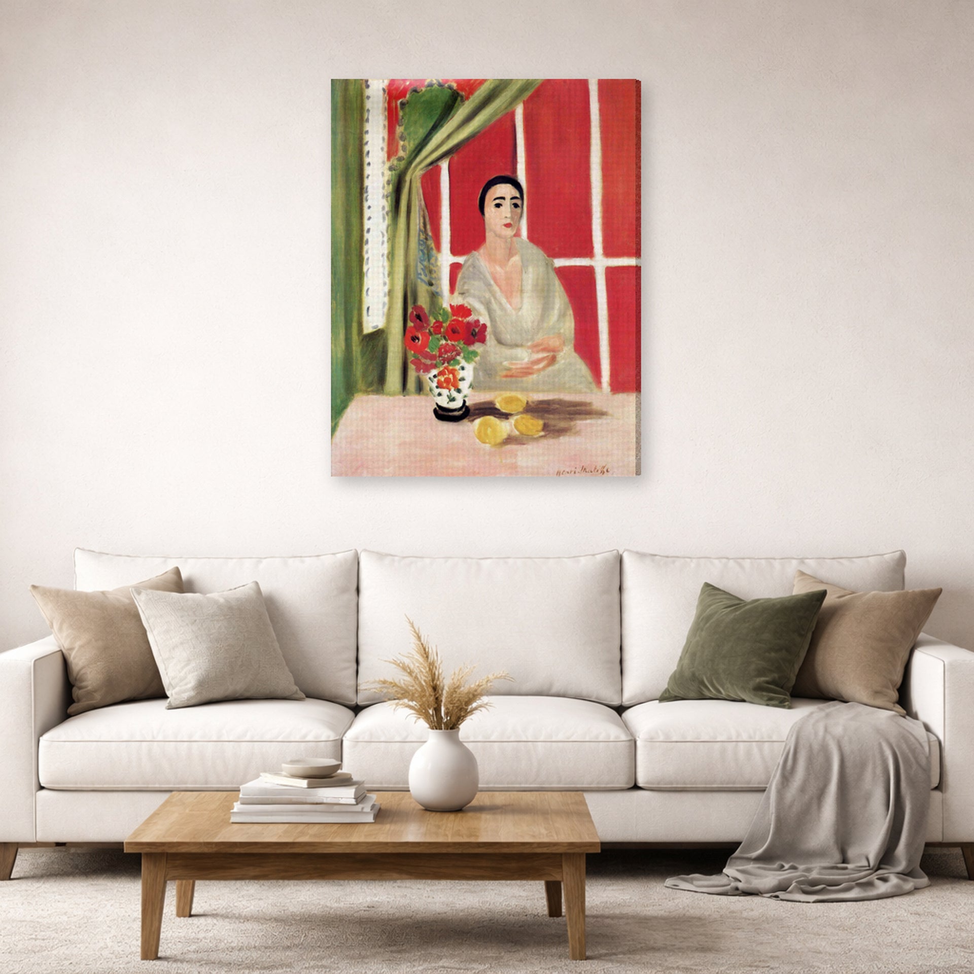 Gallery-wrapped canvas print of Henri Matisse's Figure at the Rideau Releve hanging in a living room, view 2