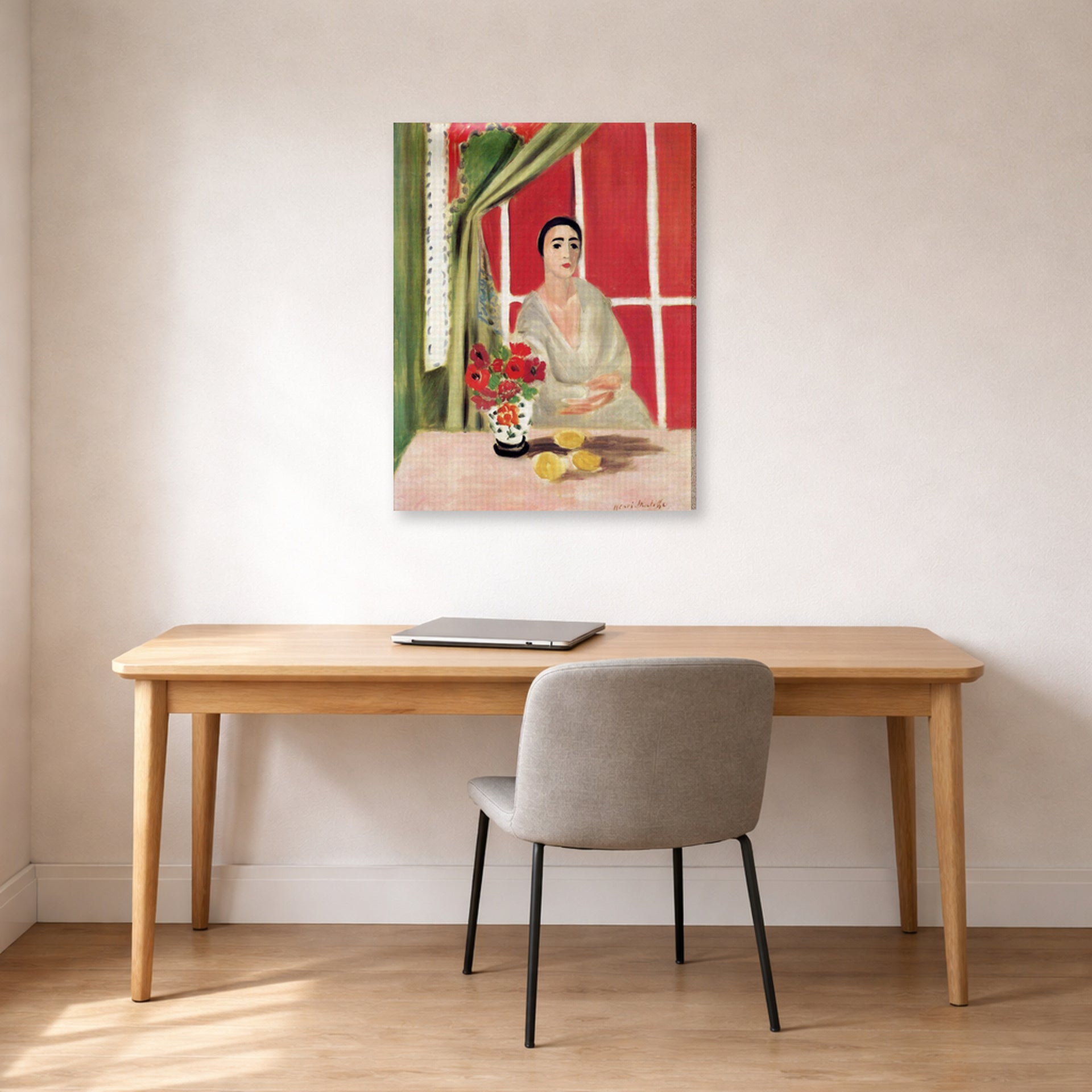 Gallery-wrapped canvas print of Henri Matisse's Figure at the Rideau Releve hanging in a home office