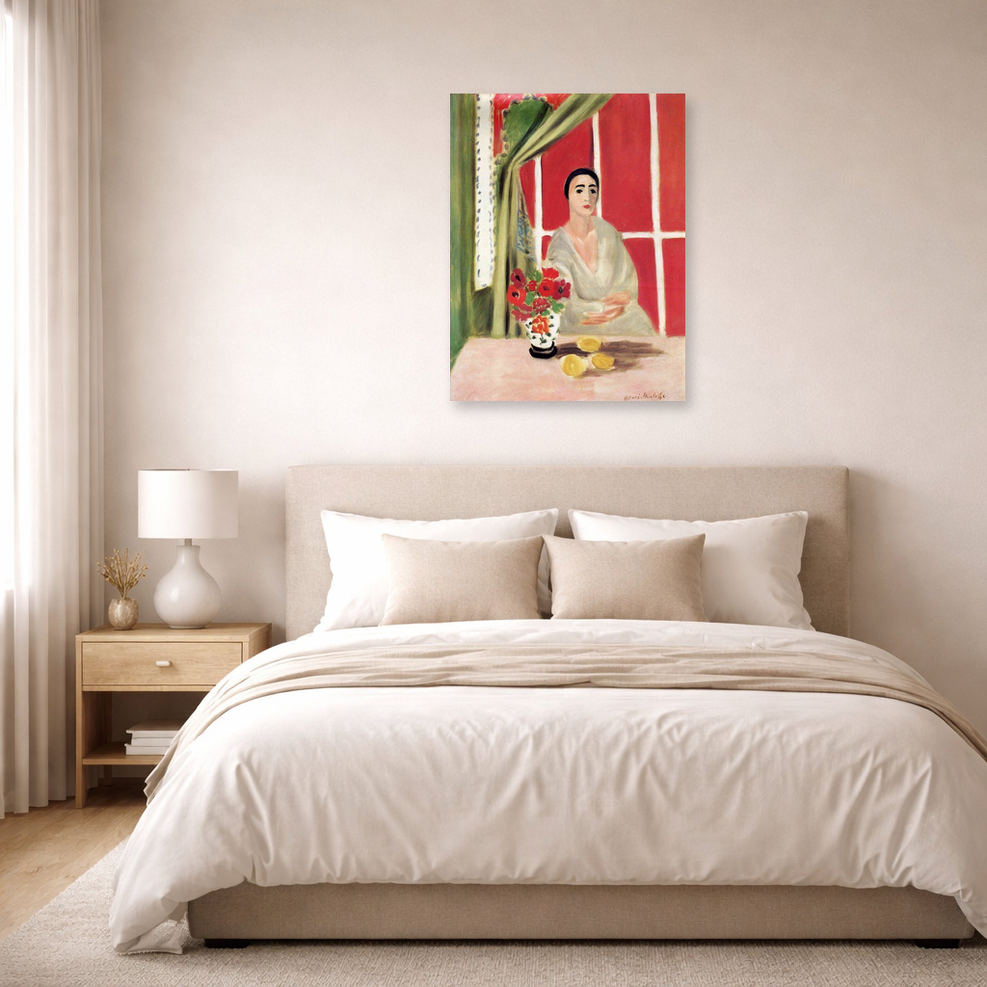Unframed poster print of Henri Matisse's Figure at the Rideau Releve displayed above a bed in a bedroom