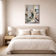 Gallery-wrapped canvas print of Henri Matisse's Flowers in front of a Window hanging above a bed in a bedroom