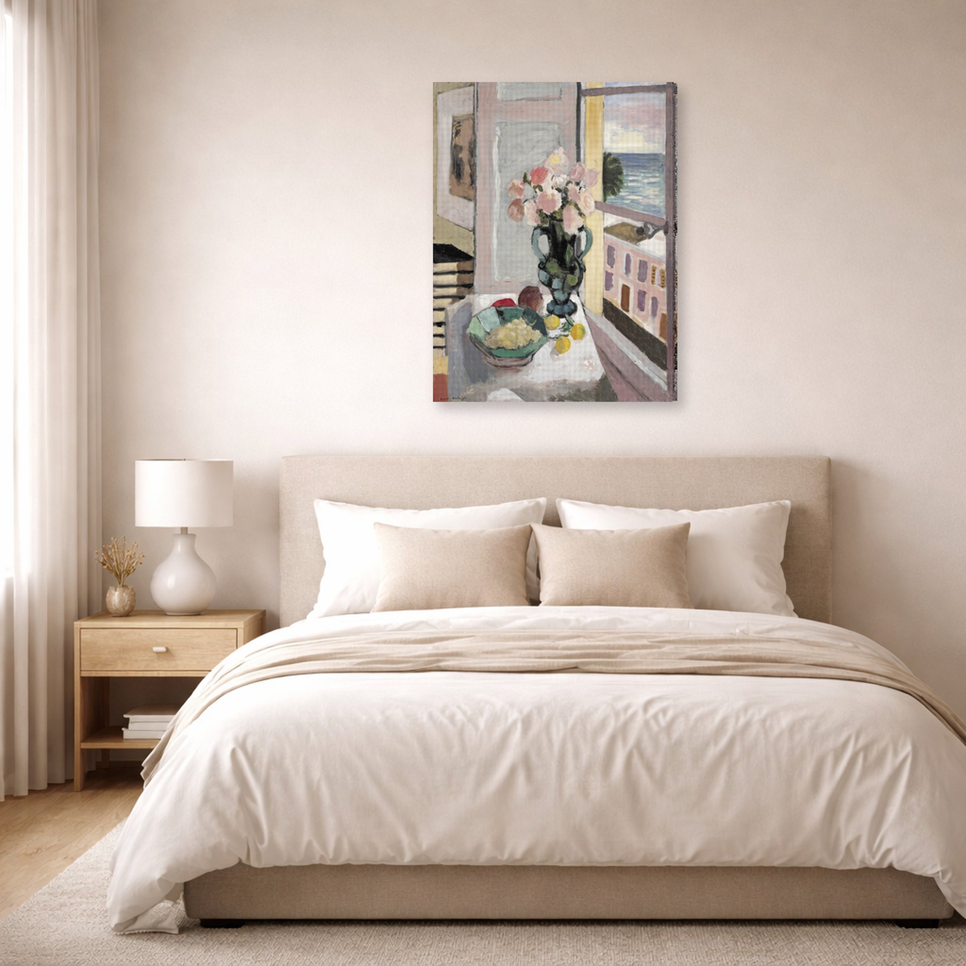 Gallery-wrapped canvas print of Henri Matisse's Flowers in front of a Window hanging above a bed in a bedroom