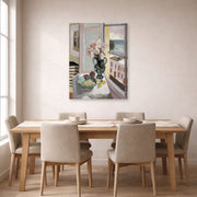 Gallery-wrapped canvas print of Henri Matisse's Flowers in front of a Window hanging on a dining room wall