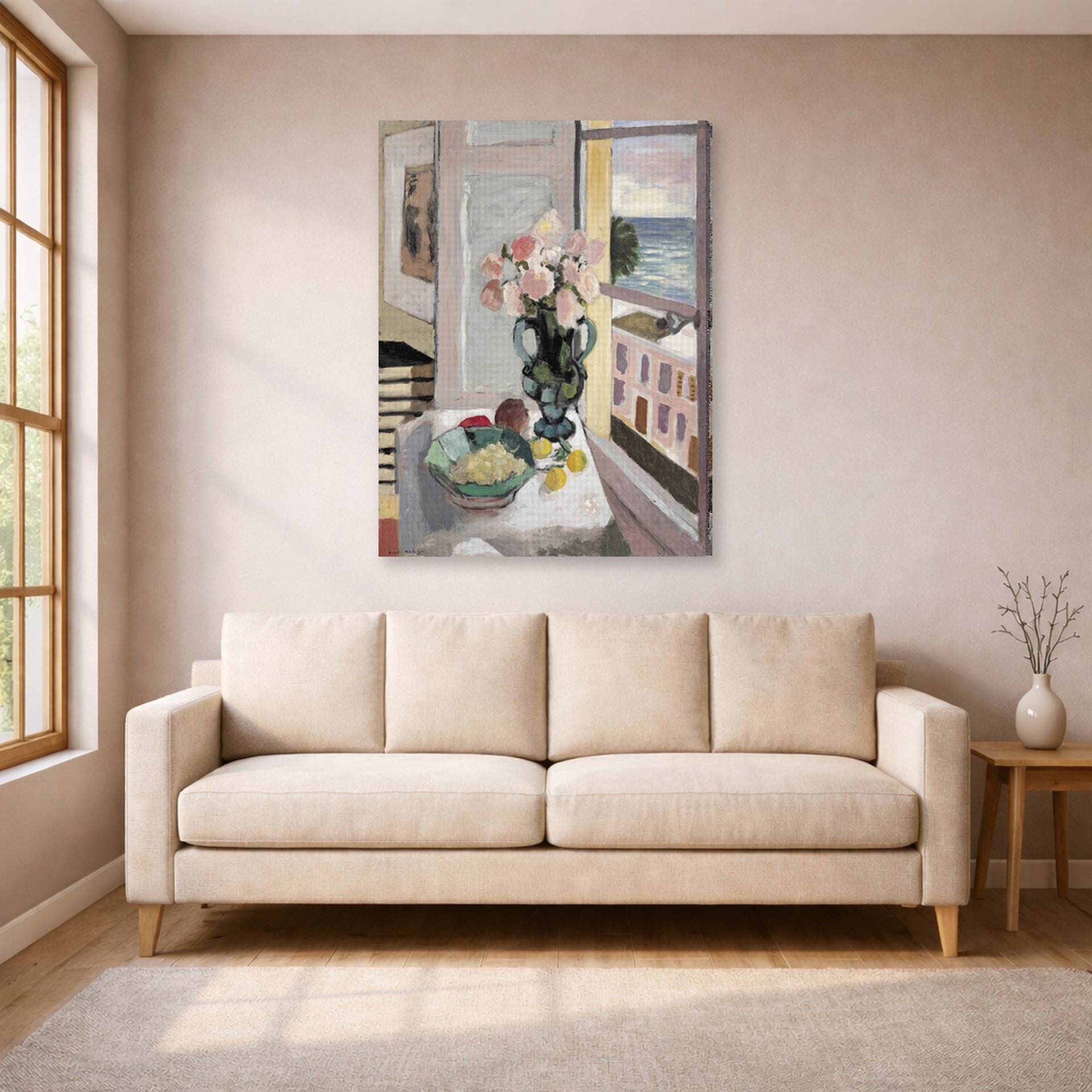 Gallery-wrapped canvas print of Henri Matisse's Flowers in front of a Window hanging in a living room, view 1