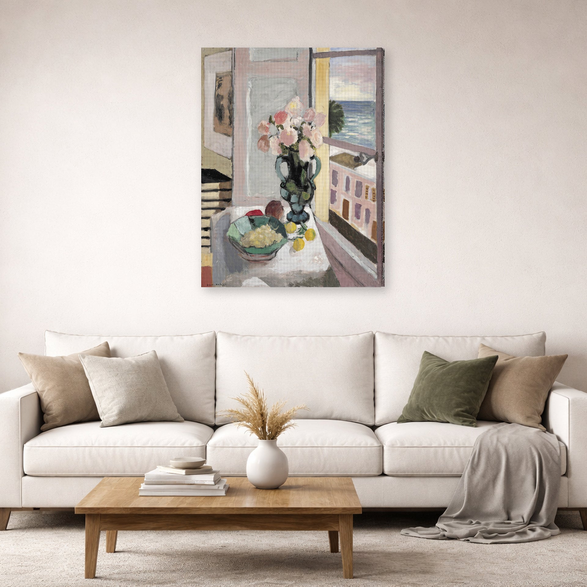 Gallery-wrapped canvas print of Henri Matisse's Flowers in front of a Window hanging in a living room, view 2